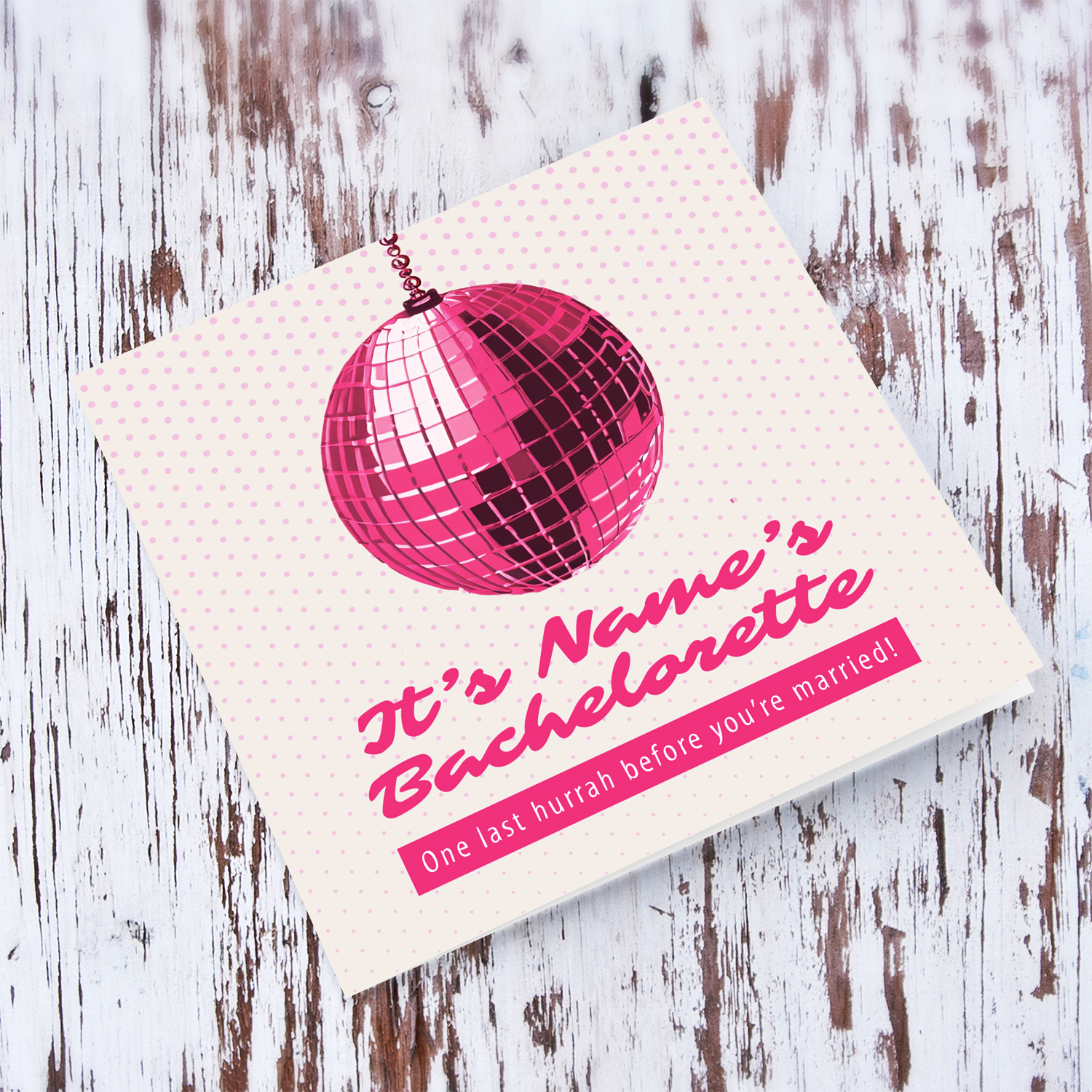 Pink disco ball bachelorette / hen party card in English (Personalisable)