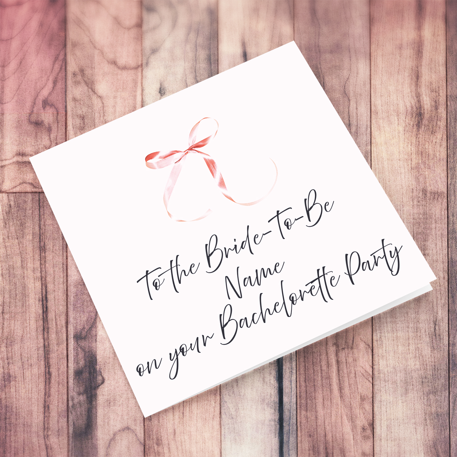 Minimalist and dainty bachelorette party / hen party card with cute pink bow and light pink background in English (Personalisable)