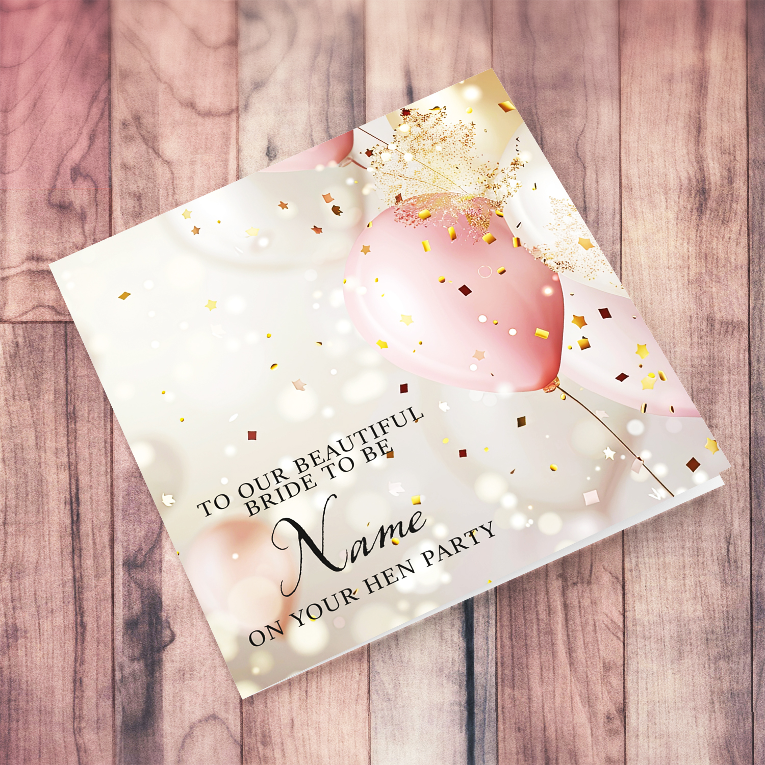A beautiful hen party card for the beautiful bride featuring pastel coloured balloons and confetti in English (Personalisable)