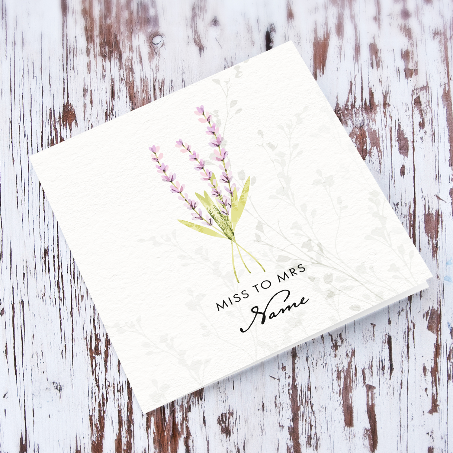 A dainty minimalist hen party card, from Miss to Mrs, featuring a light purple floral detail in English (Personalisable)