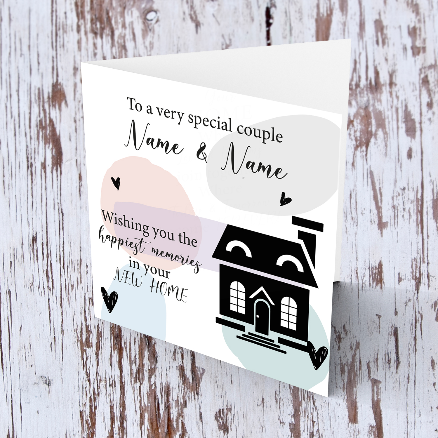 Pastel coloured background new home personaliseable card in English