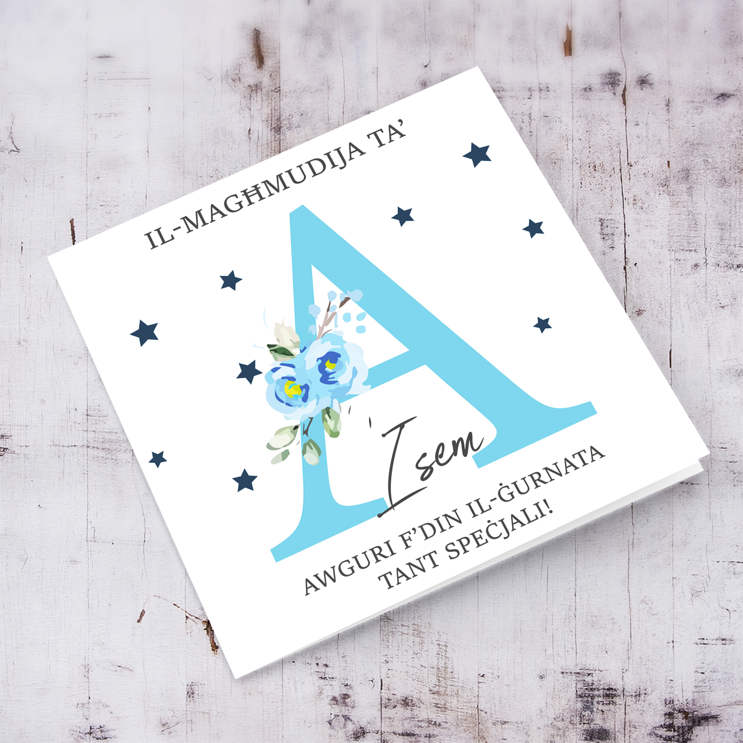 Letter A - Personalisable Baptism Card with blue florals in Maltese
