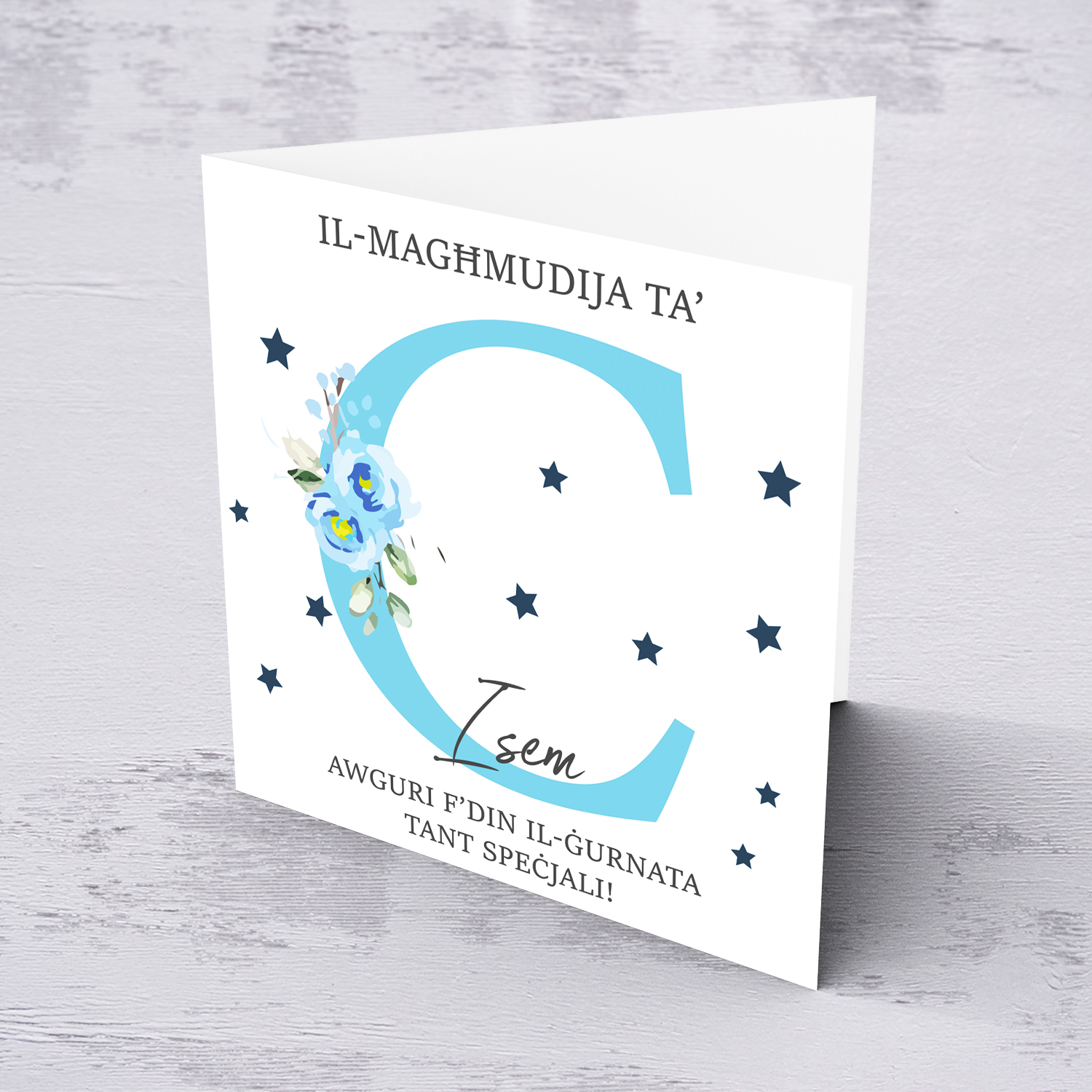 Letter C - Personalisable Baptism Card with blue florals in Maltese