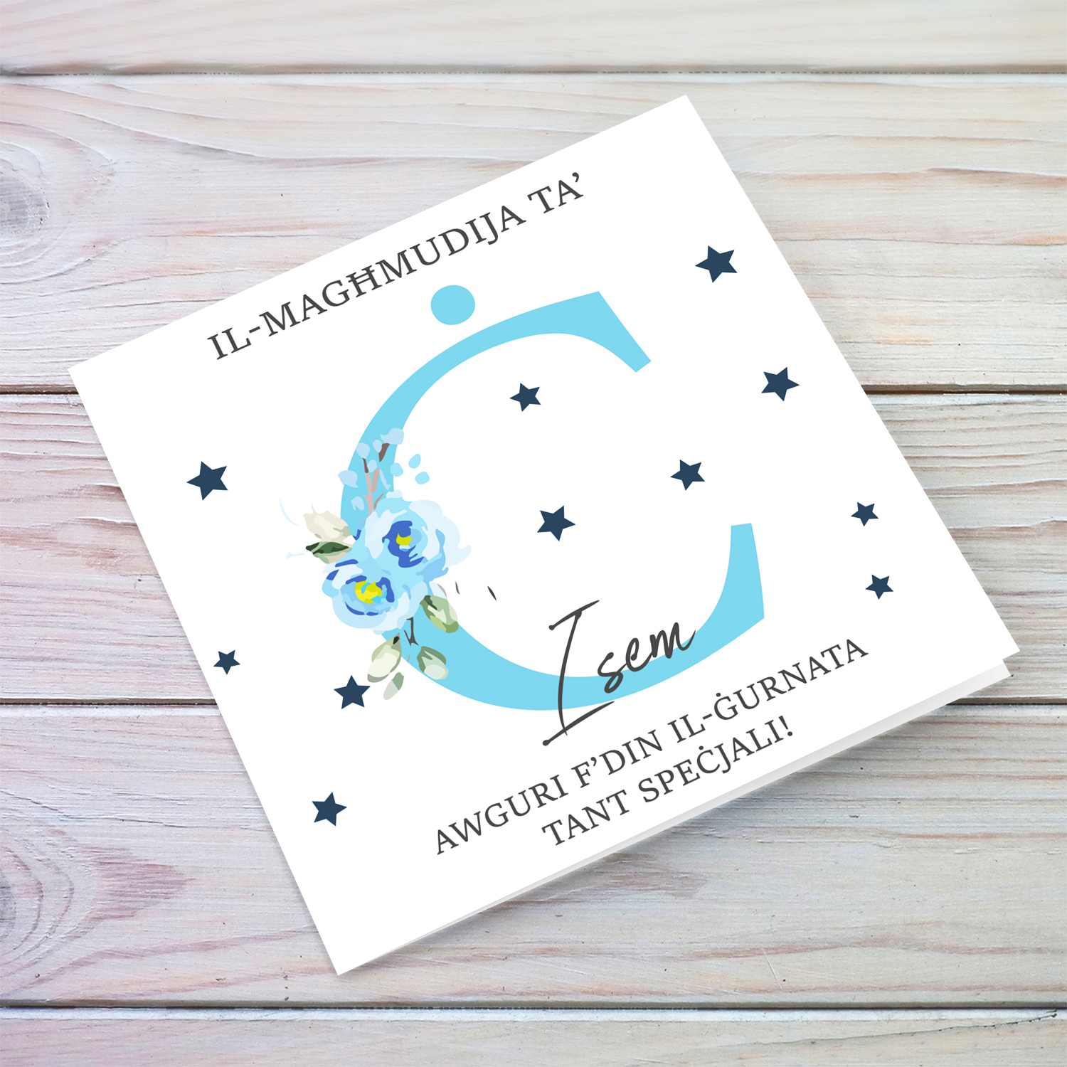 Letter Ċ - Personalisable Baptism Card with blue florals in Maltese