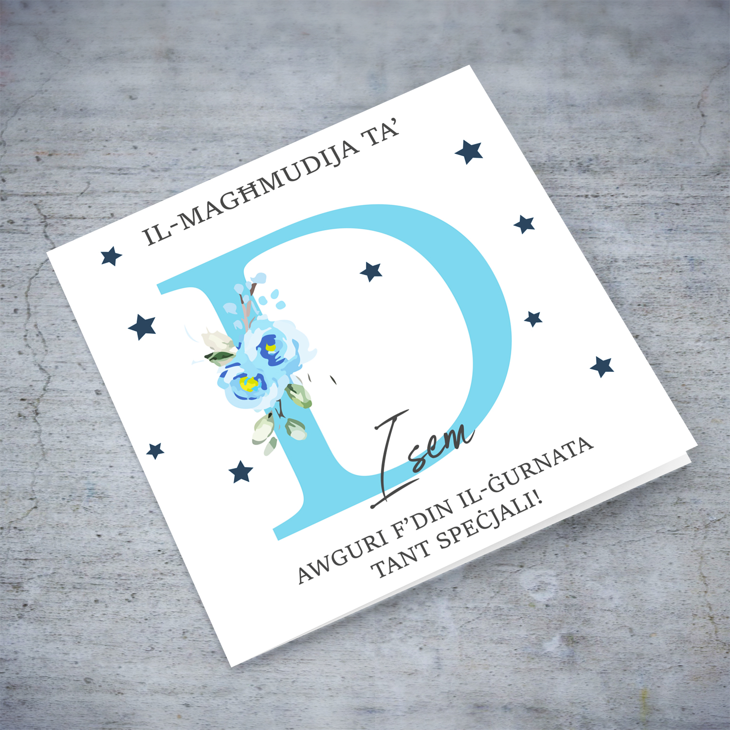 Letter D - Personalisable Baptism Card with blue florals in Maltese