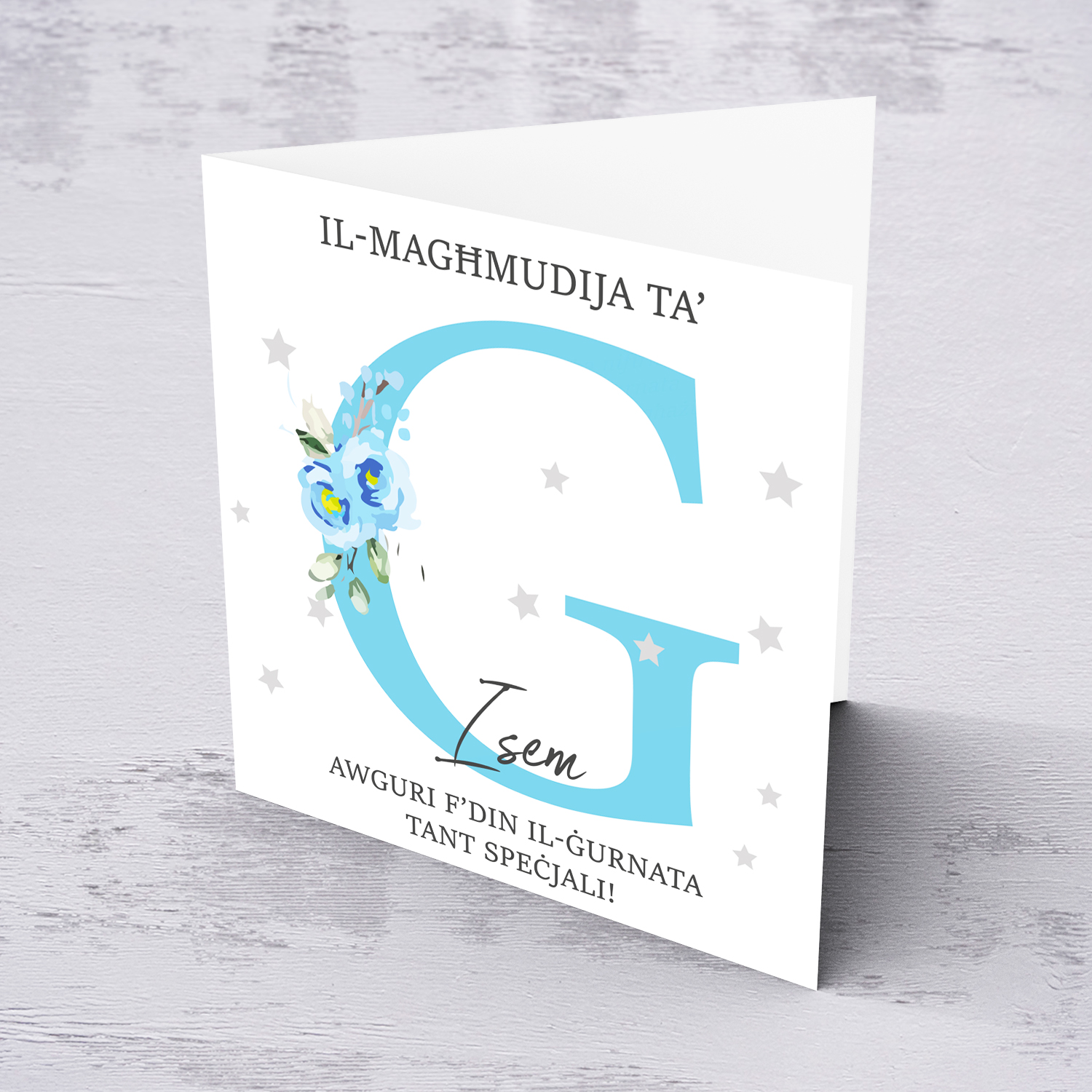 Letter G - Personalisable Baptism Card with blue florals in Maltese