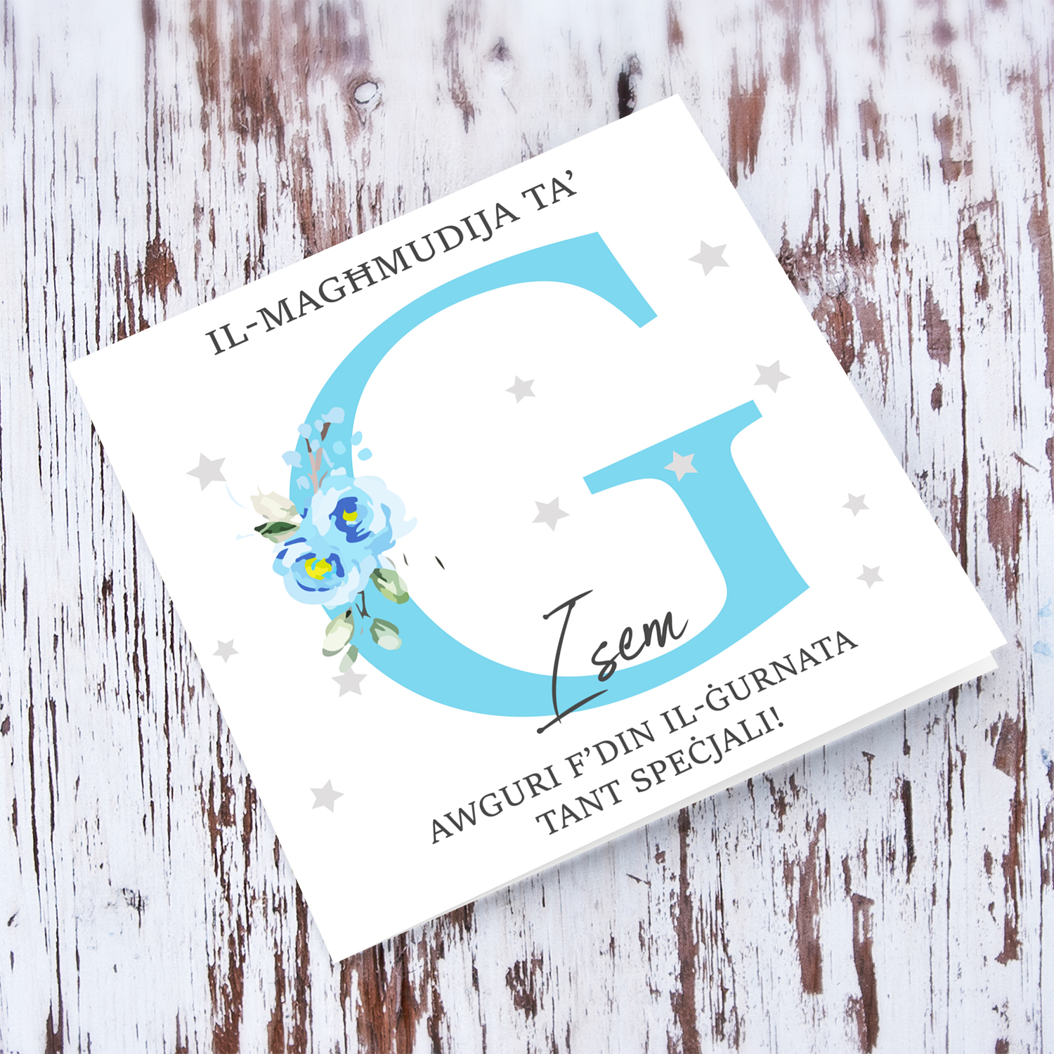Letter Ġ - Personalisable Baptism Card with blue florals in Maltese