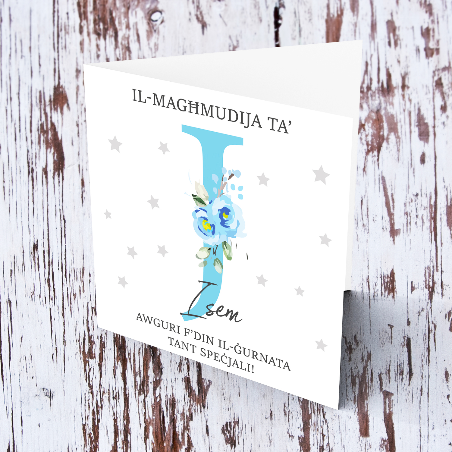 Letter J - Personalisable Baptism Card with blue florals in Maltese