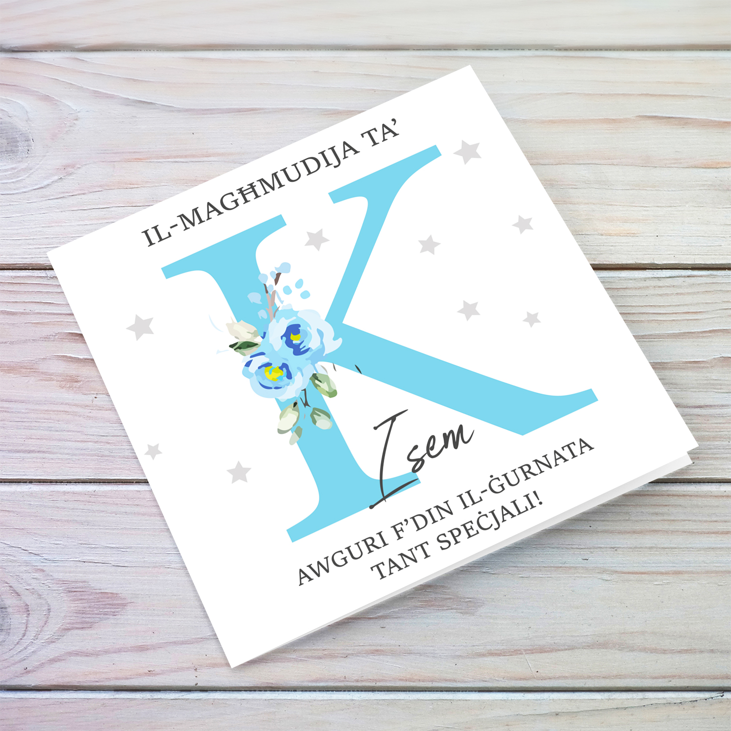 Letter K - Personalisable Baptism Card with blue florals in Maltese