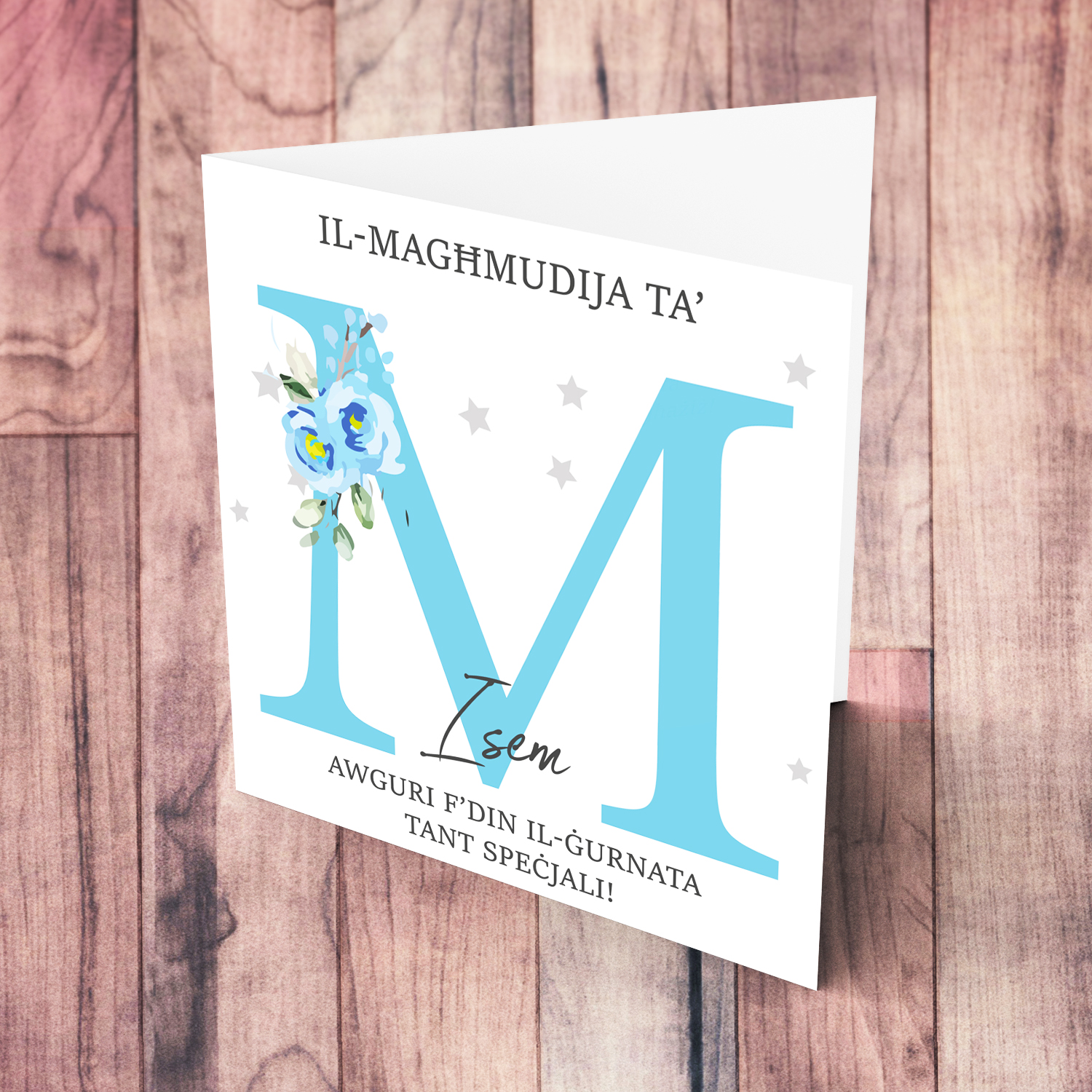 Letter M - Personalisable Baptism Card with blue florals in Maltese