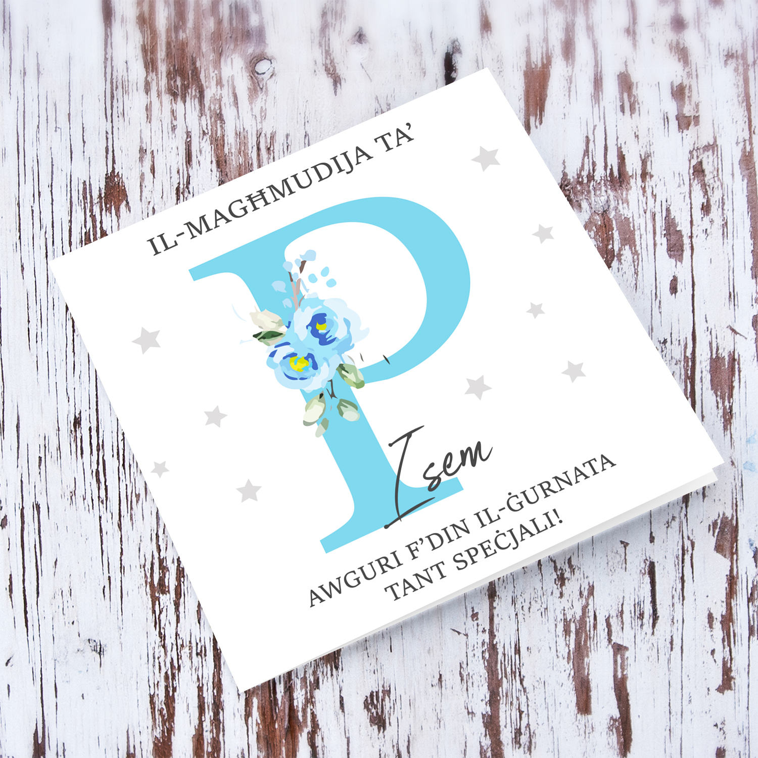 Letter P - Personalisable Baptism Card with blue florals in Maltese