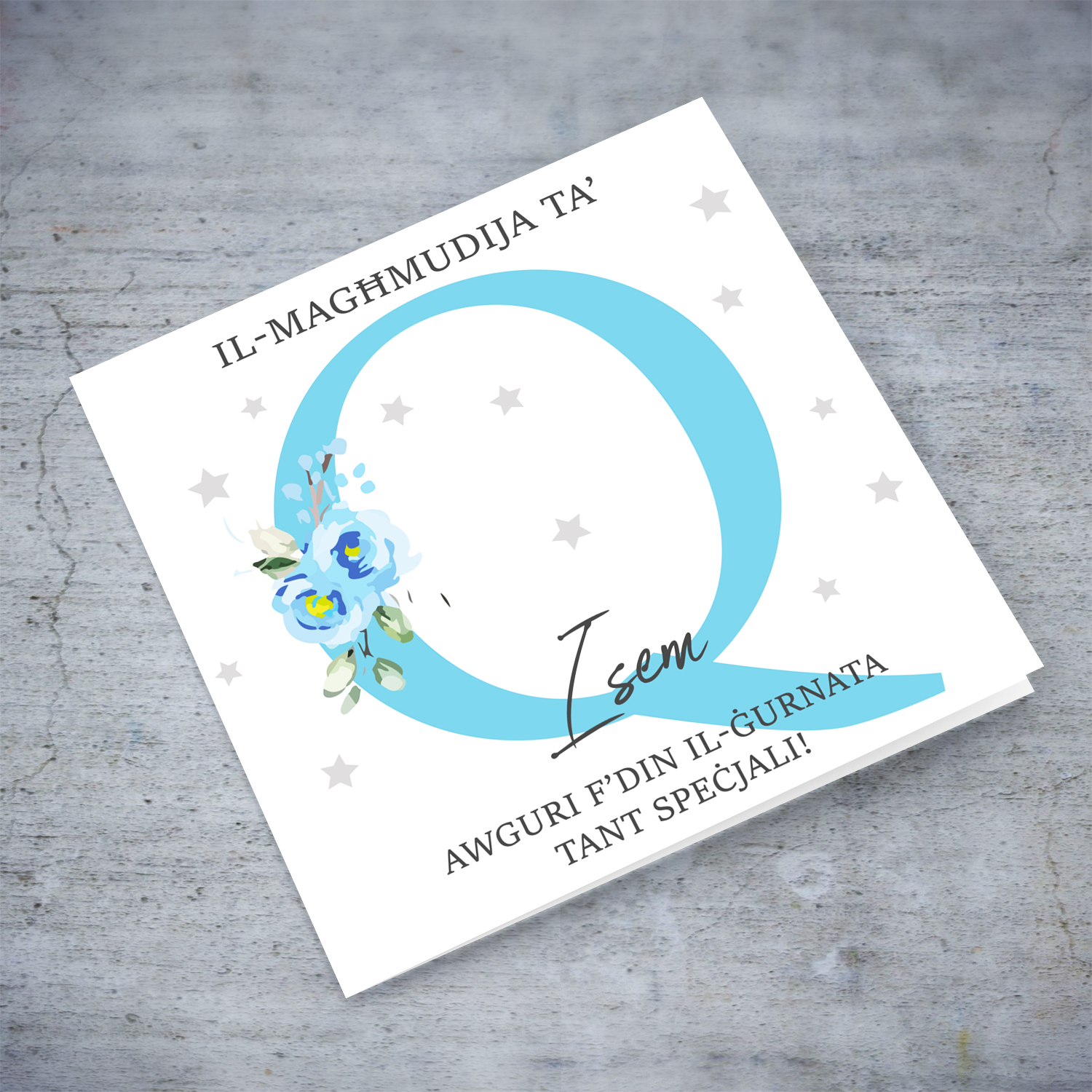 Letter Q - Personalisable Baptism Card with blue florals in Maltese