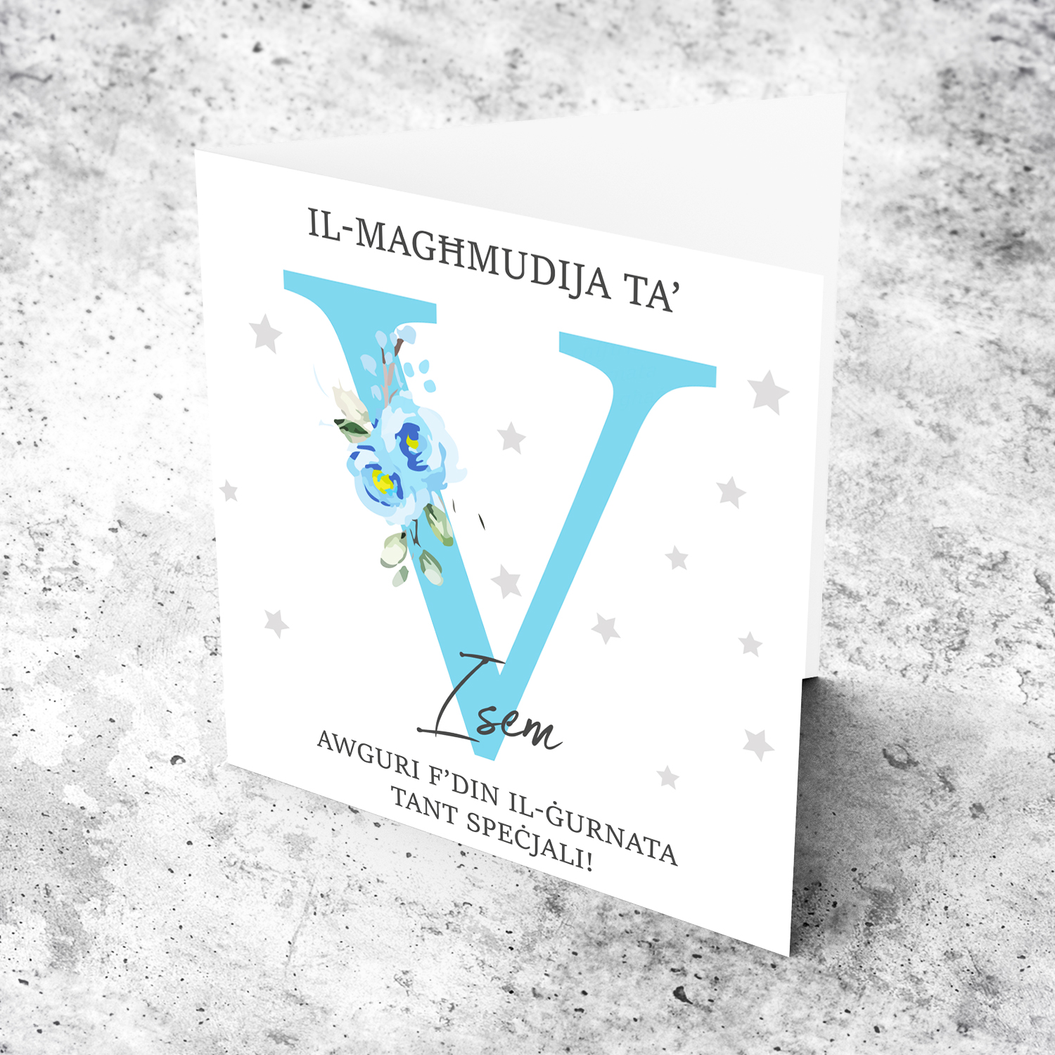 Letter V - Personalisable Baptism Card with blue florals in Maltese