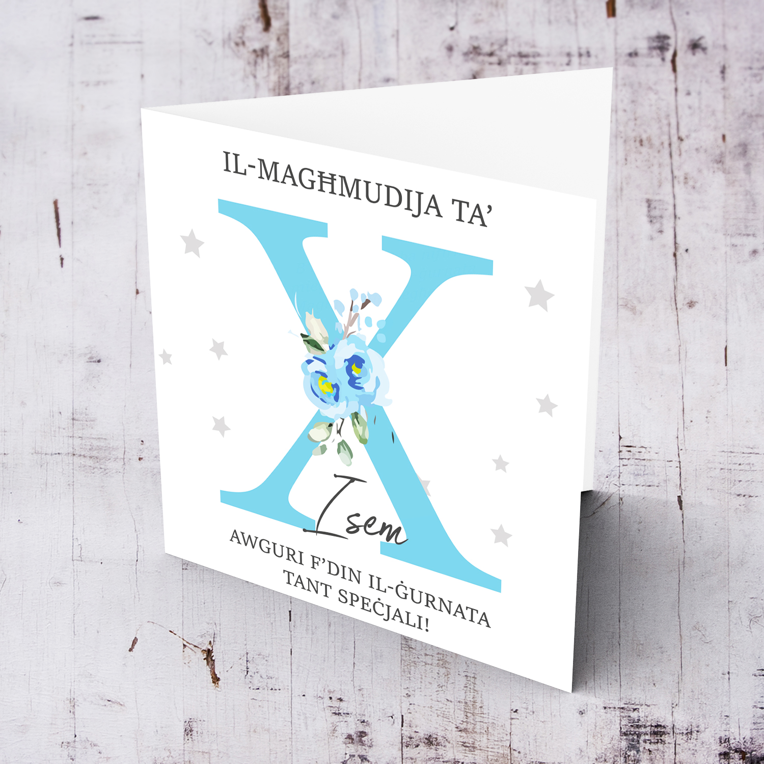 Letter X - Personalisable Baptism Card with blue florals in Maltese