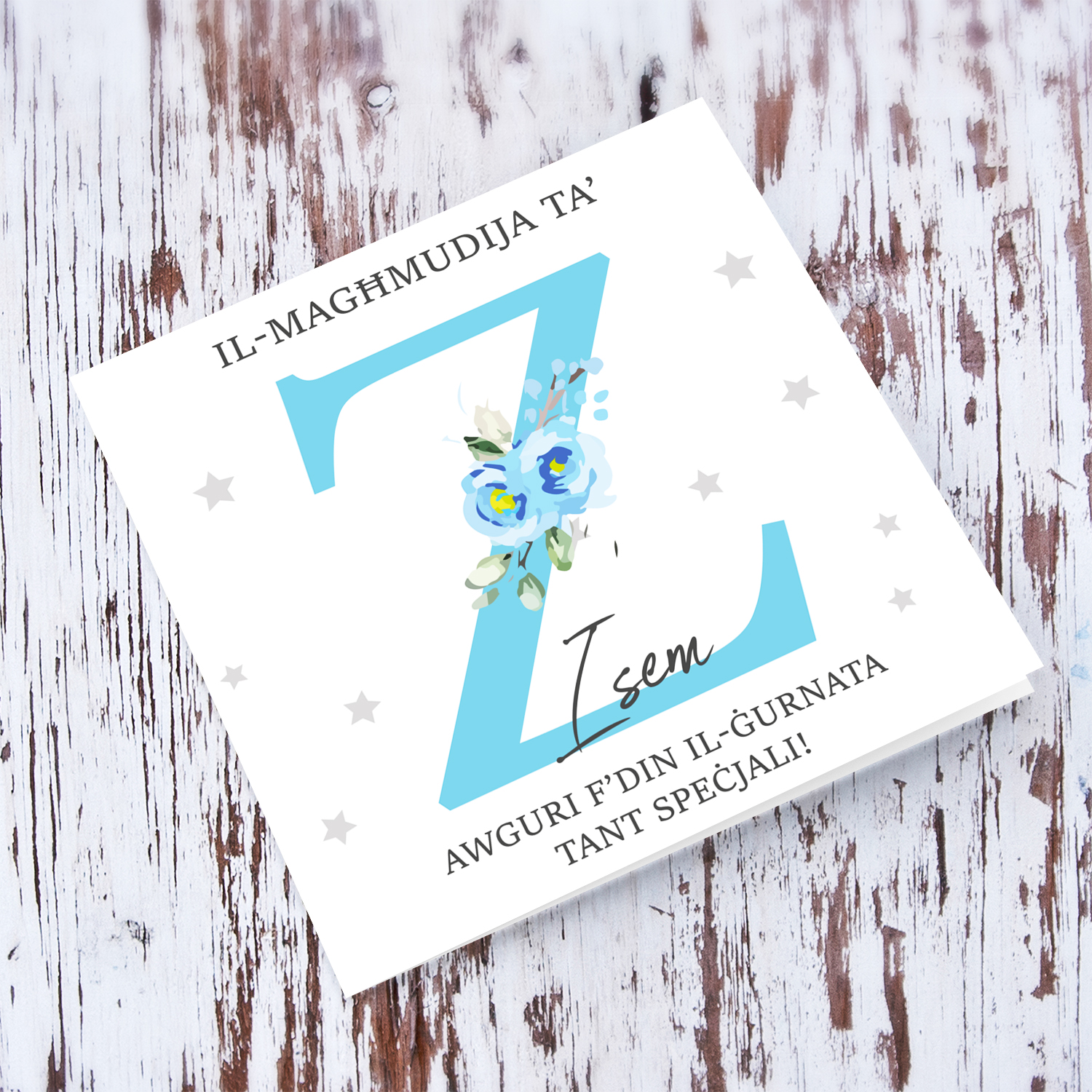 Letter Z - Personalisable Baptism Card with blue florals in Maltese