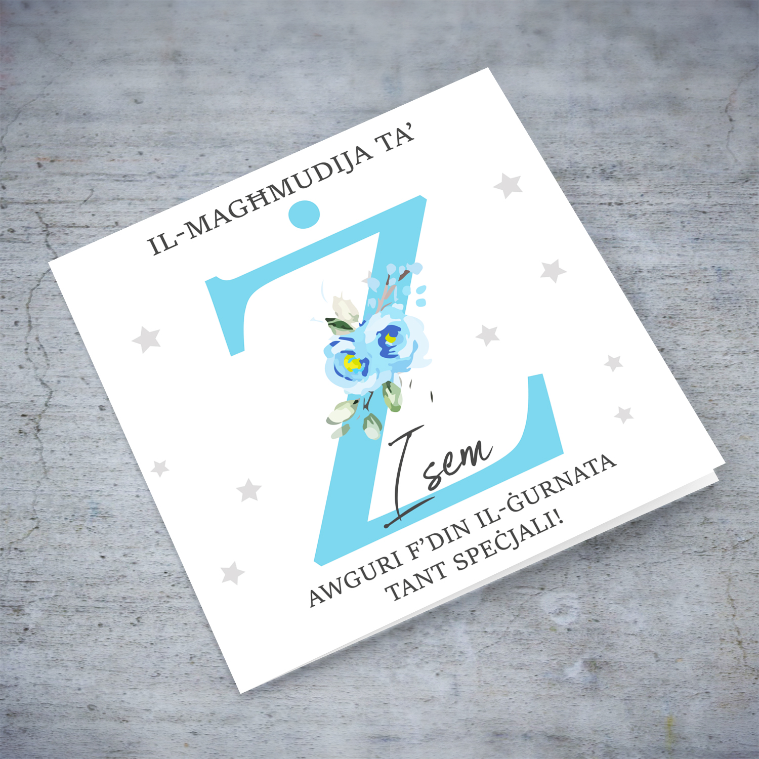 Letter Ż - Personalisable Baptism Card with blue florals in Maltese