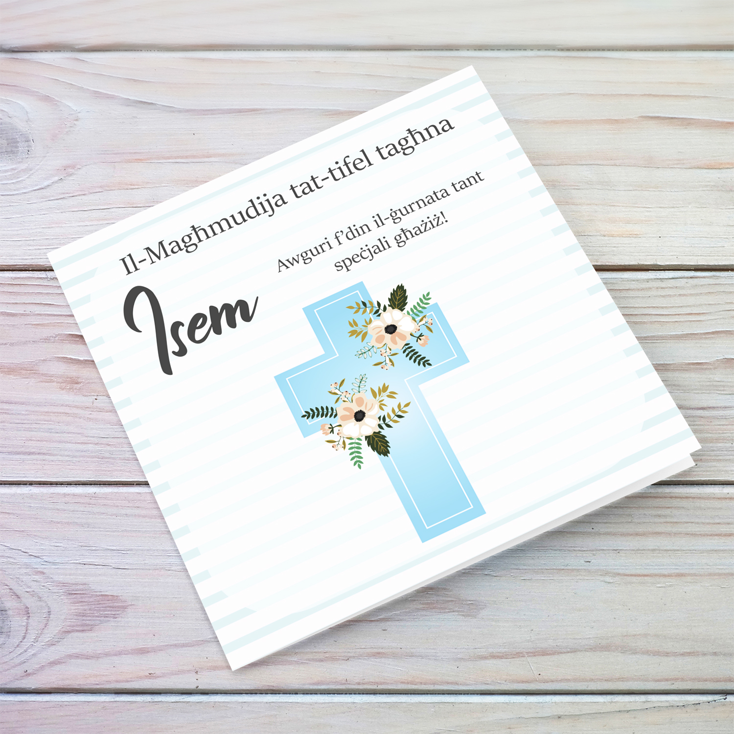 Baptism card for SON in striped blue and white background with floral cross in Maltese (Personalisable)