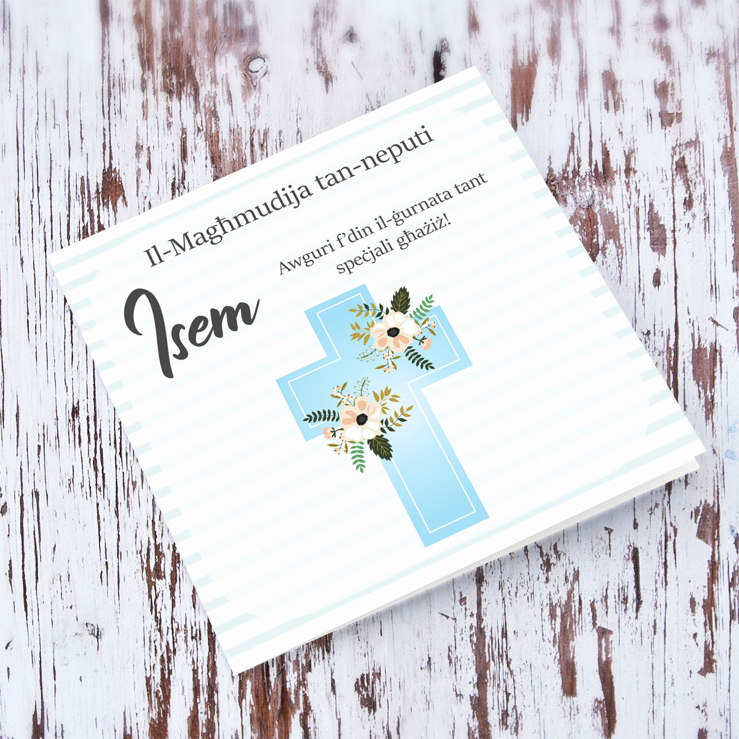 Nephew baptism card in striped blue and white background with floral cross in Maltese (Personalisable)