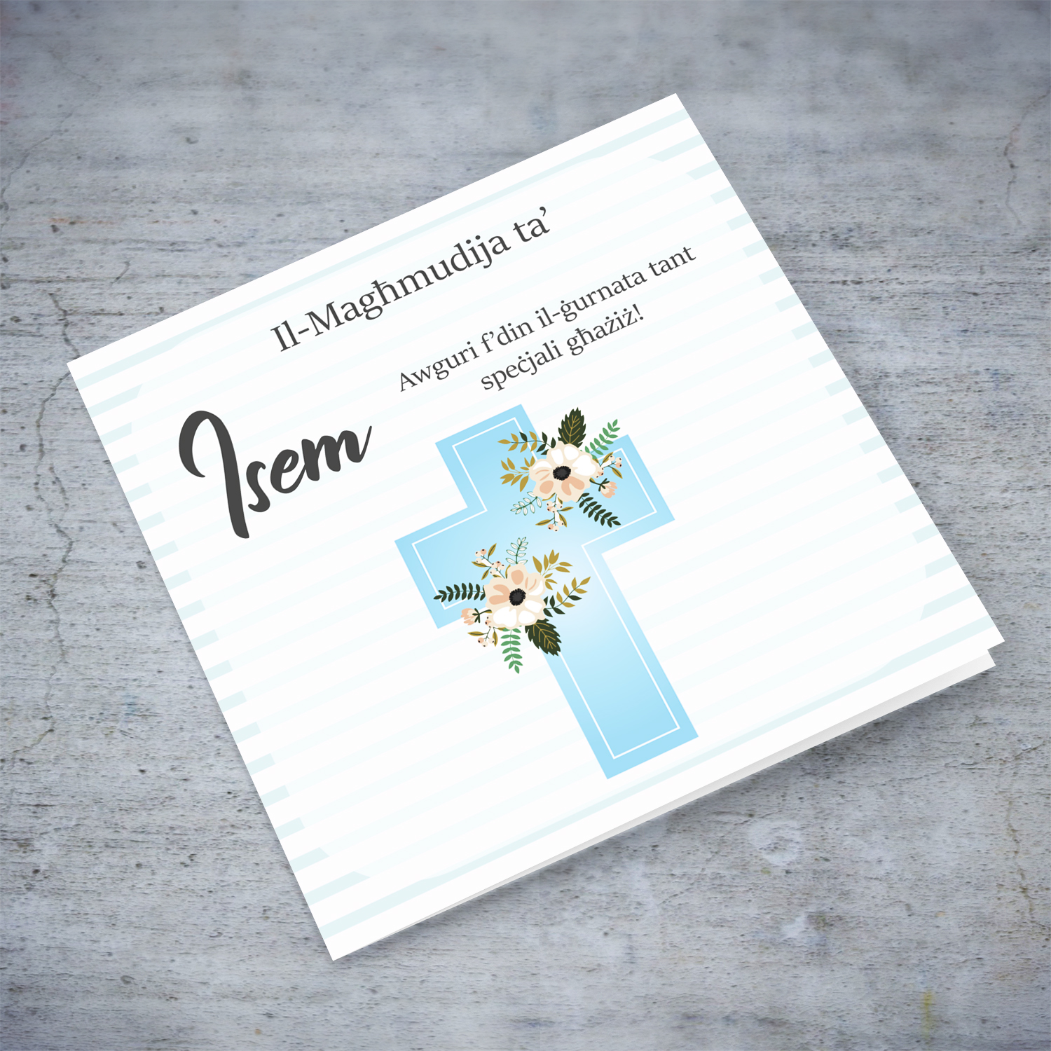 Baptism card for boys in striped blue and white background with floral cross in Maltese (Personalisable)