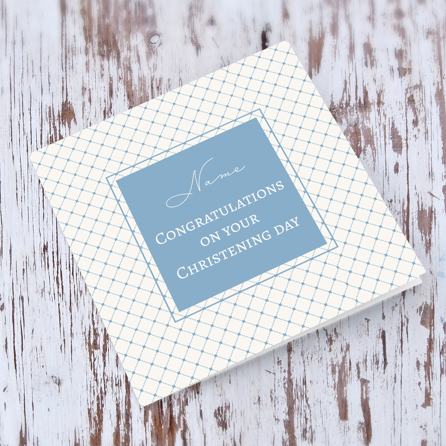 Criss cross blue background minimalist Christening personalisable card in English 