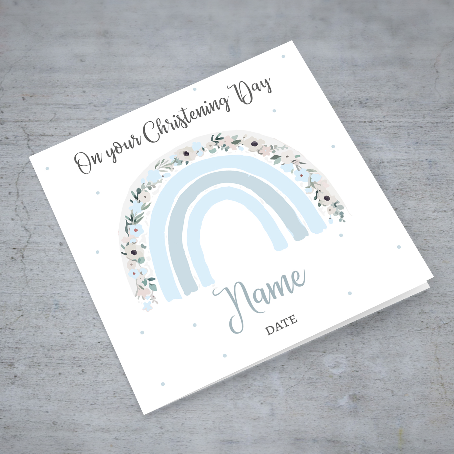Cute floral rainbow in shades of light blue personalisable baptism / christening card for boys in English