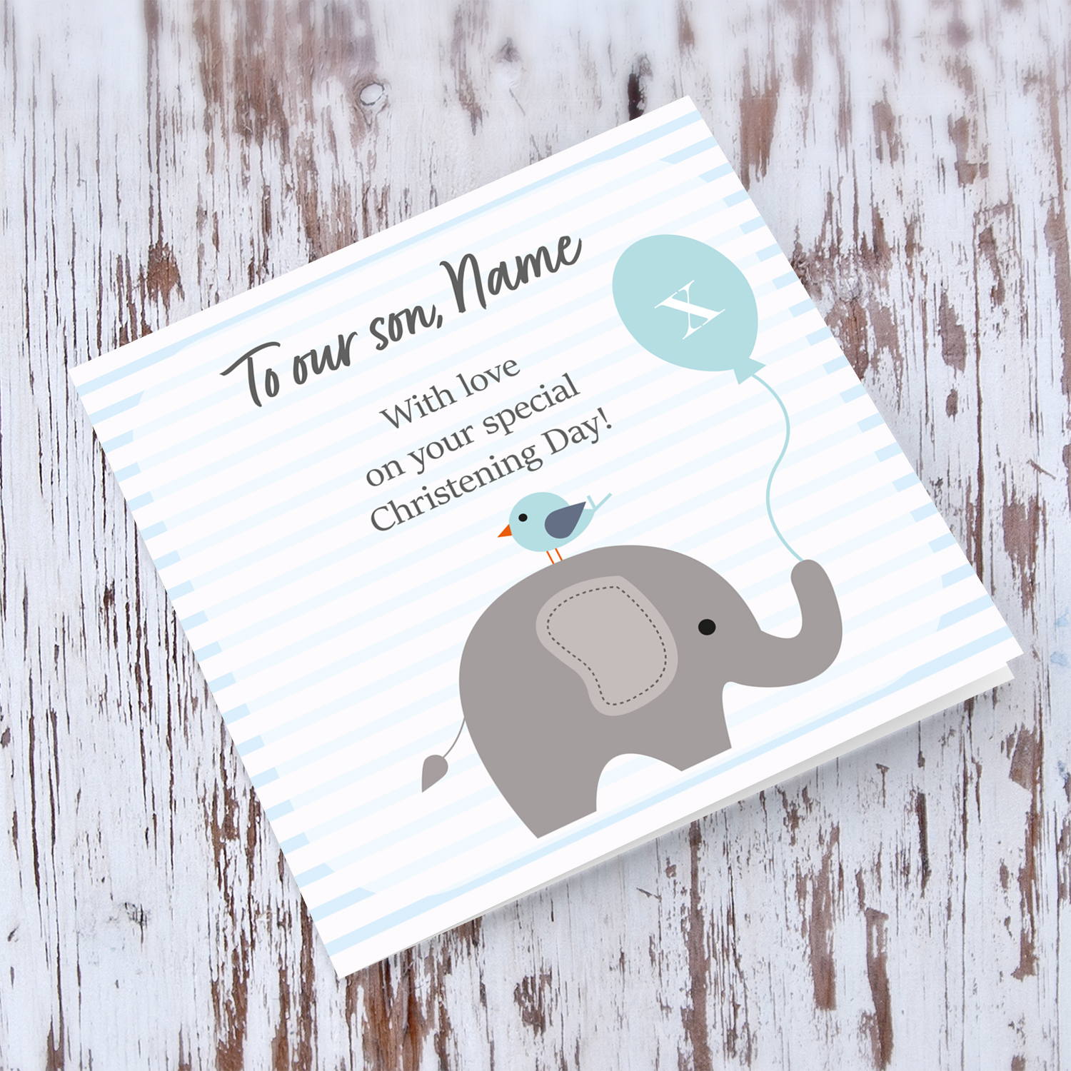 Elephant with bird holding blue baloon, with striped background baptism card for SON in English (Personalisable)