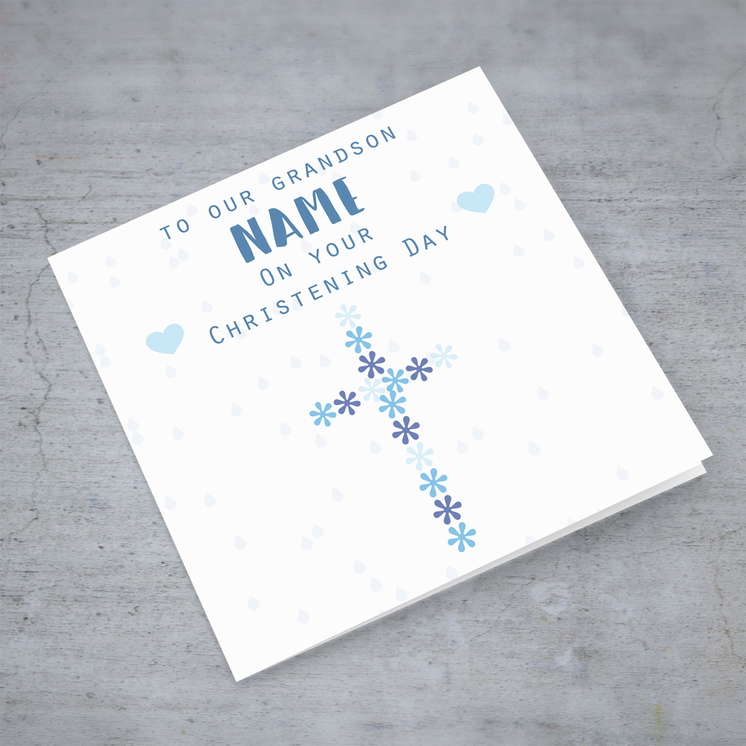 Floral cross in shades of blue baptism card for Grandson in English (Personalisable)