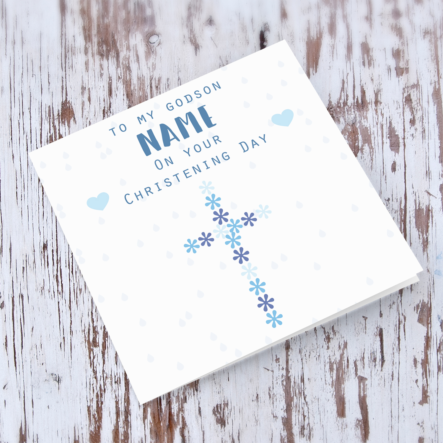 Floral cross in blue hues baptism card for a boy GODSON in English (Personalisable)