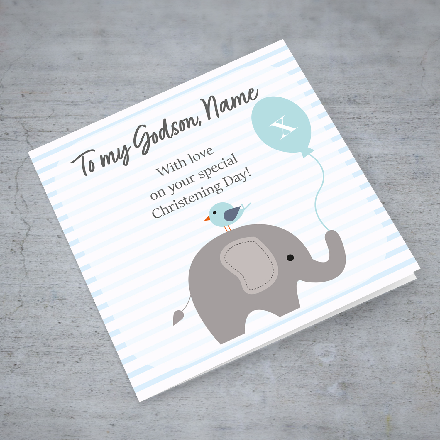 Elephant with bird holding light blue balloon, with striped background baptism card for Godson in English (Personalisable)