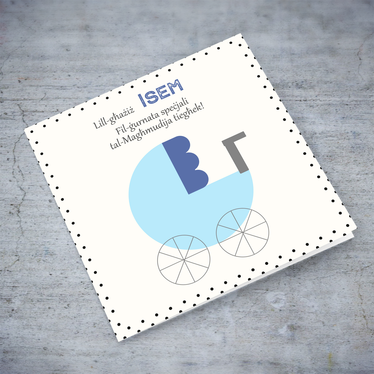 Blue pram themed baptism card with spotted frame/border in Maltese (Personalisable)