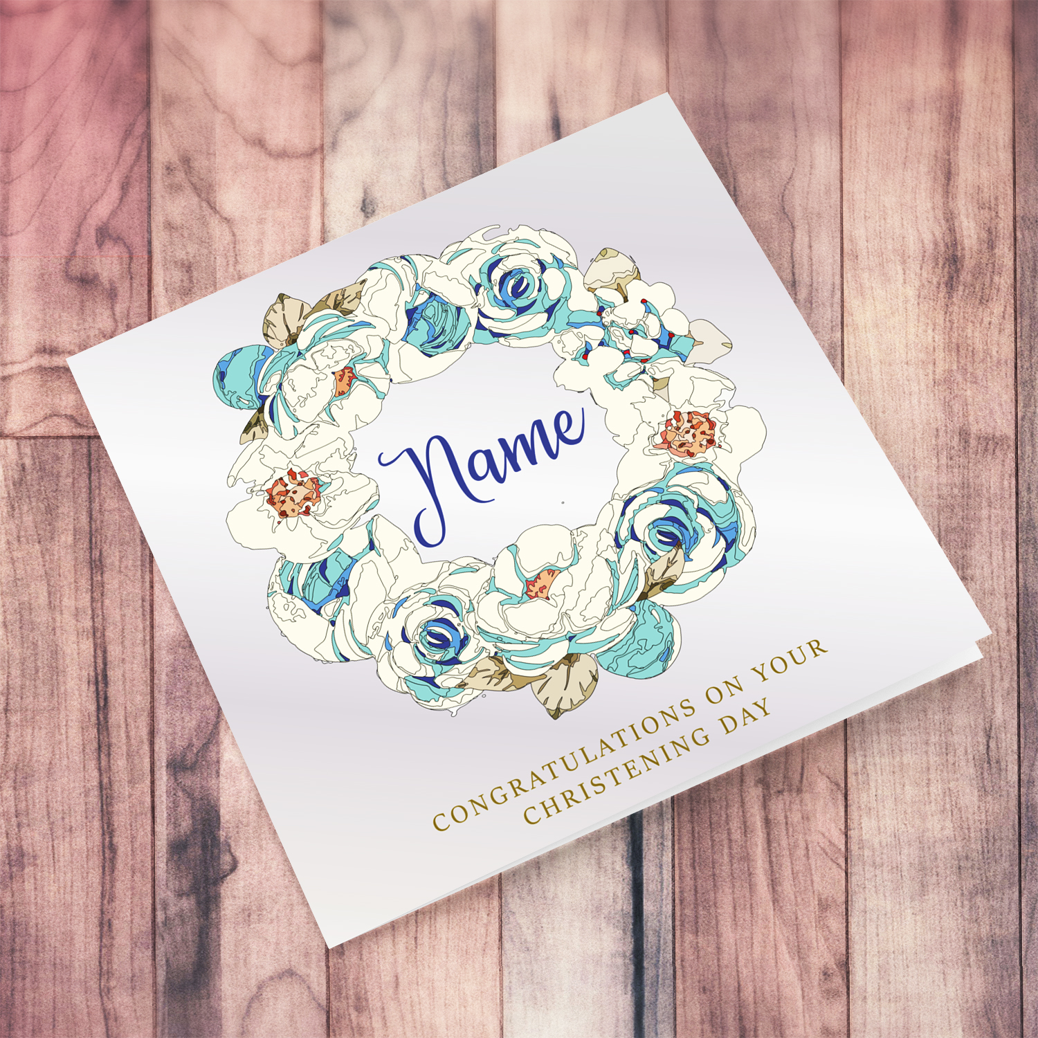 Tones of blue floral wreath Christening / Baptism card for boys in English