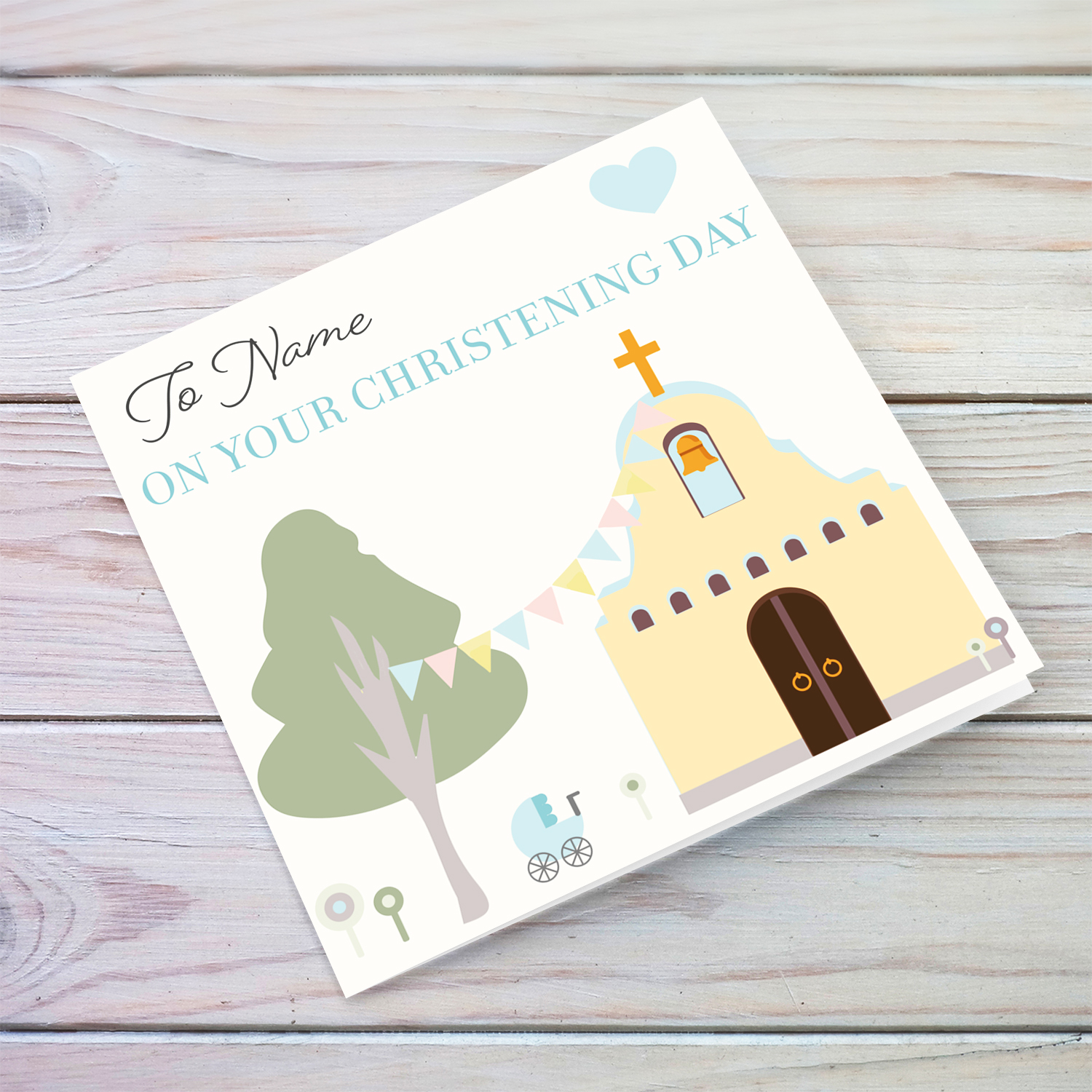 Church themed Baptism card for boy in English (Personalisable)