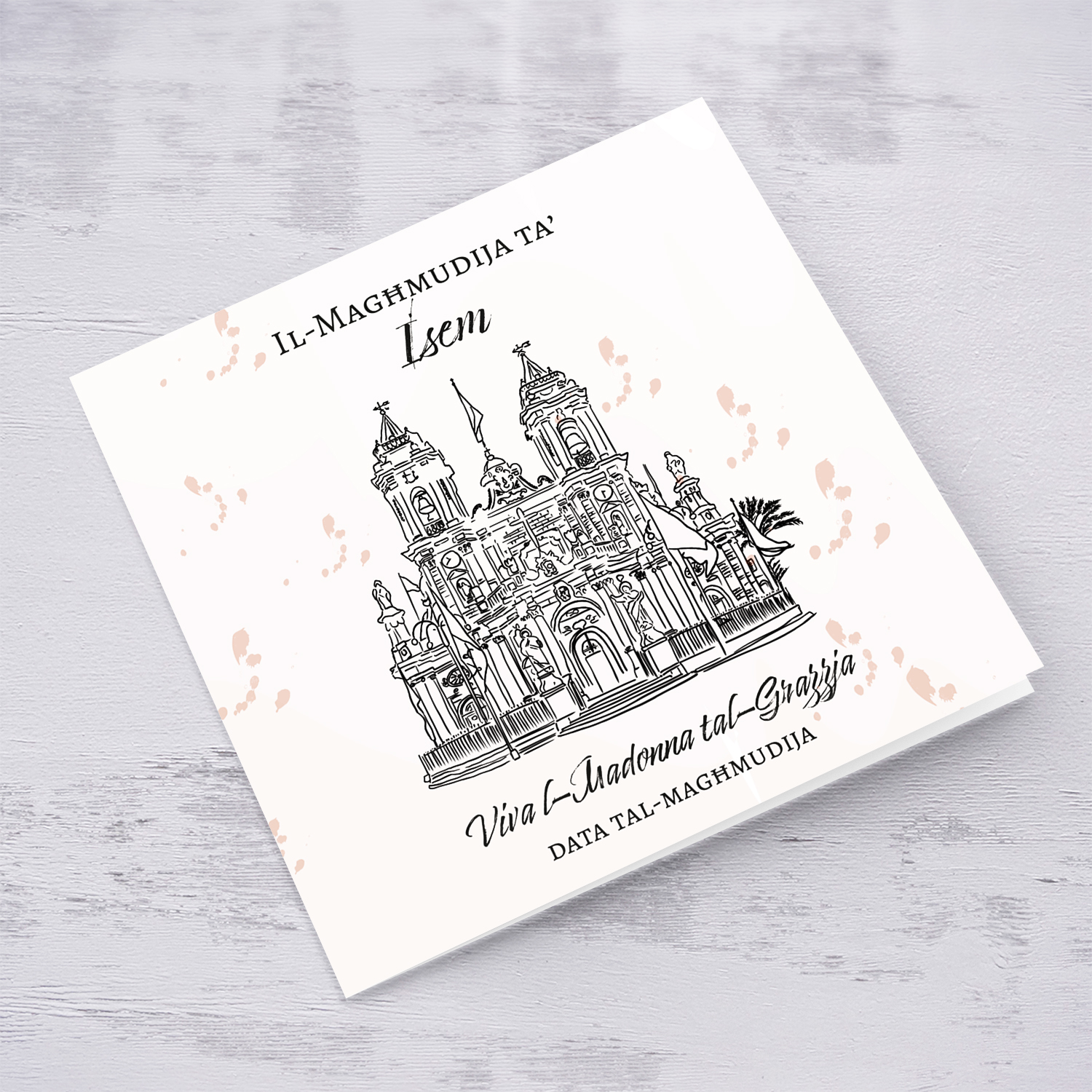 Line art - Ħaż-Żabbar Parish Church neutral Baptism card in Maltese (Personalisable)