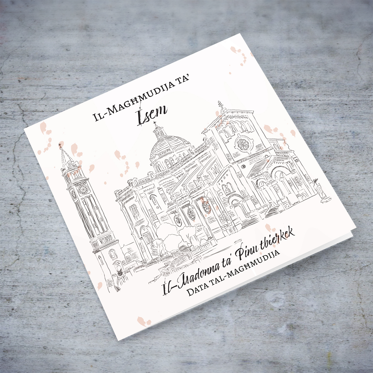Line art - Line art - Ta' Pinu Basilica neutral baptism card in Maltese (Personalisable)