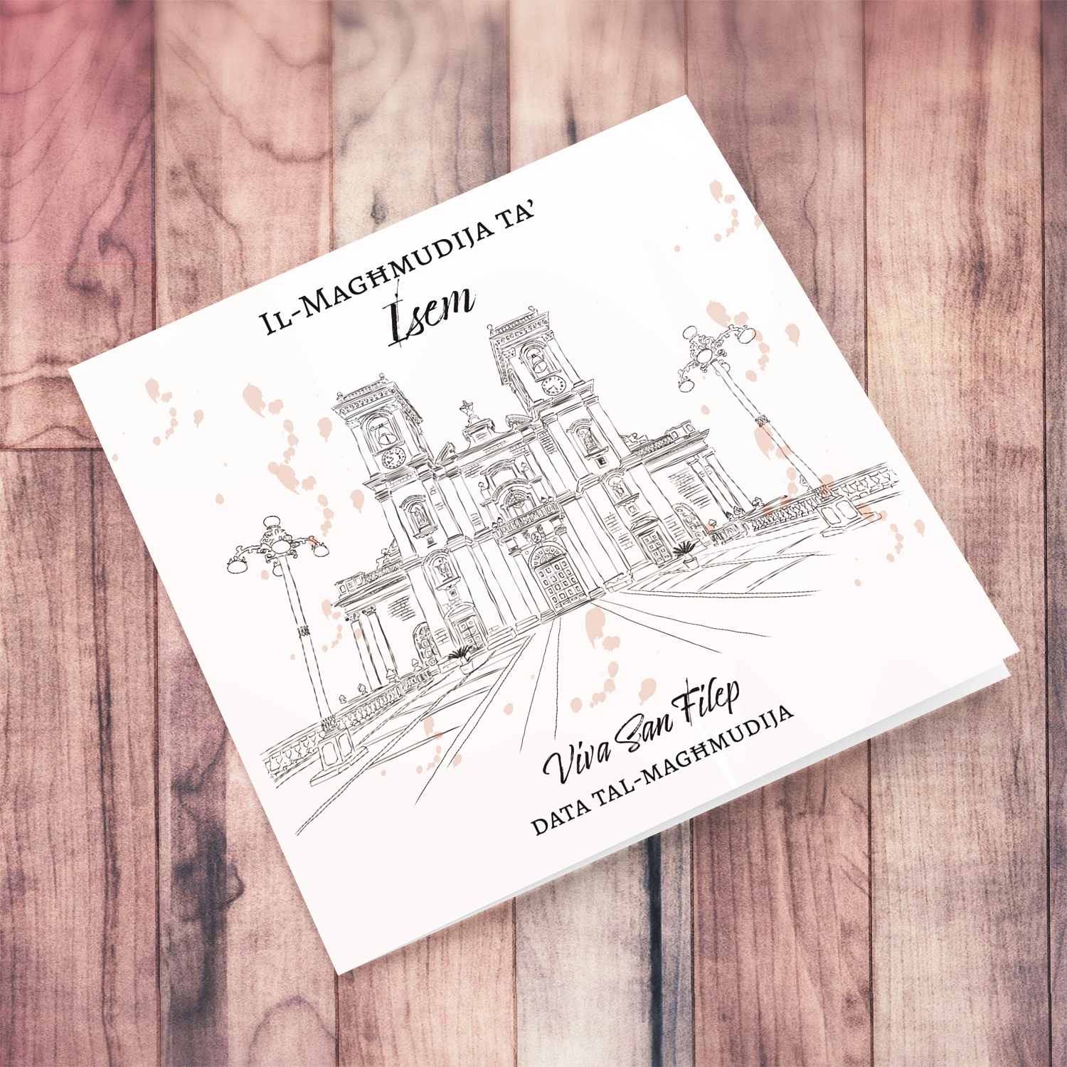 Line art - Ħaż-Żebbug Parish Church neutral Baptism card in Maltese (Personalisable)