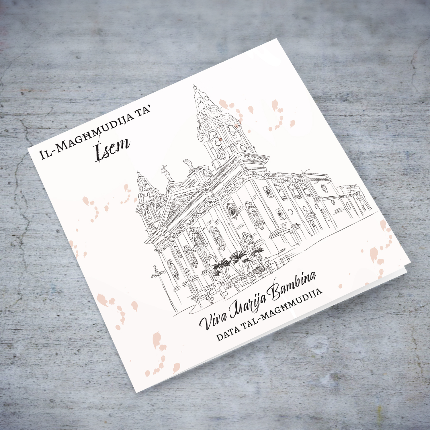 Line art - Naxxar Parish Church neutral baptism card in Maltese (Personalisable)