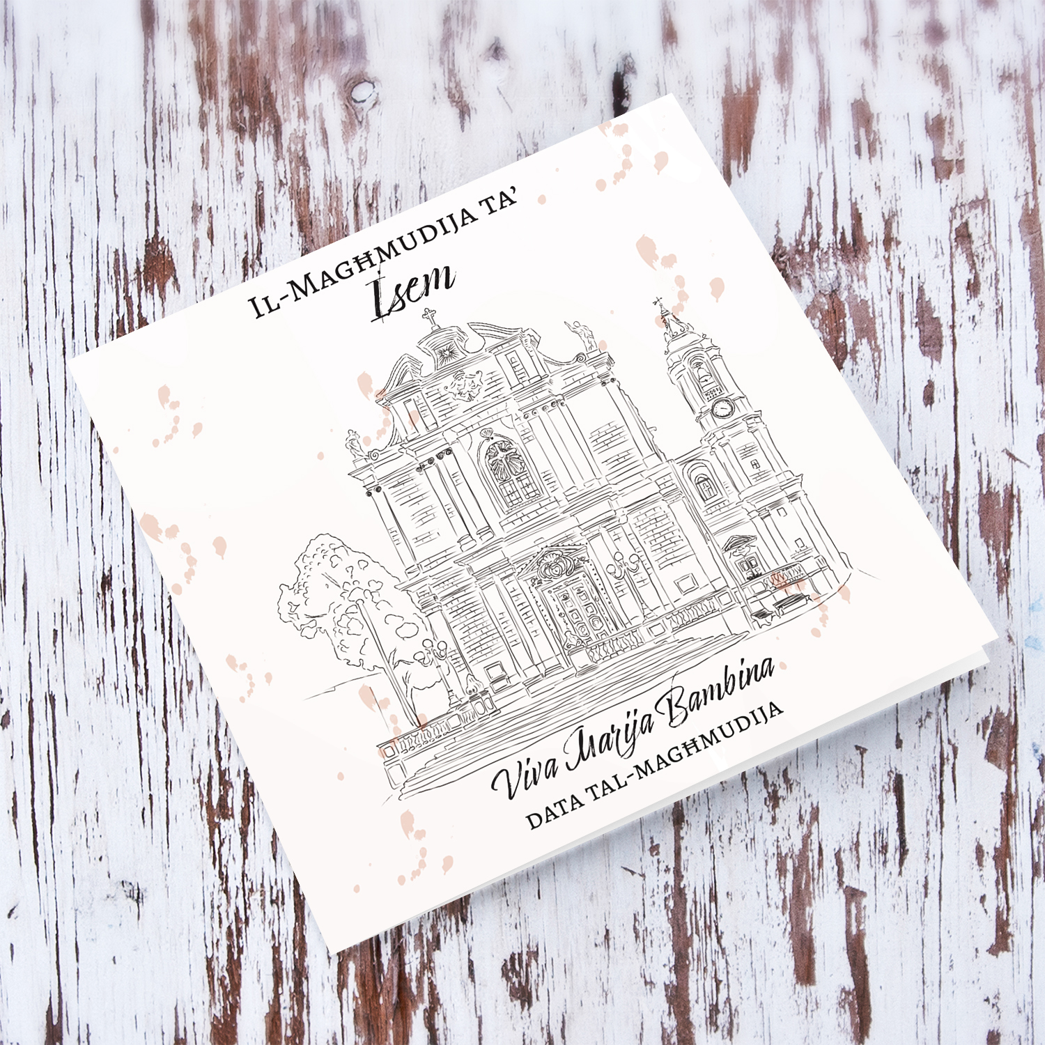 Line art -Ħal-Għaxaq Parish Church neutral Baptism card in Maltese (Personalisable)