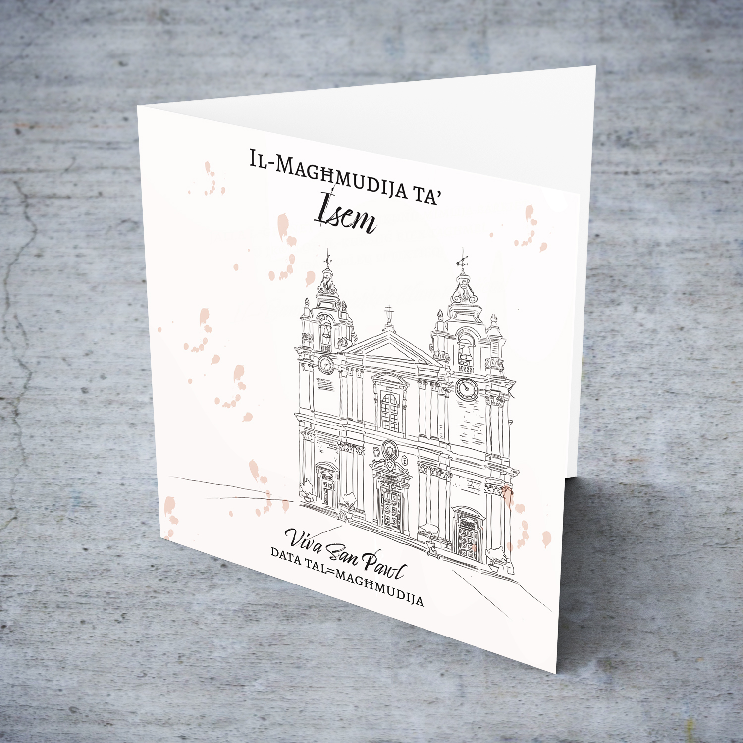 Line art - Mdina Cathedral neutral Baptism card in Maltese (Personalisable)