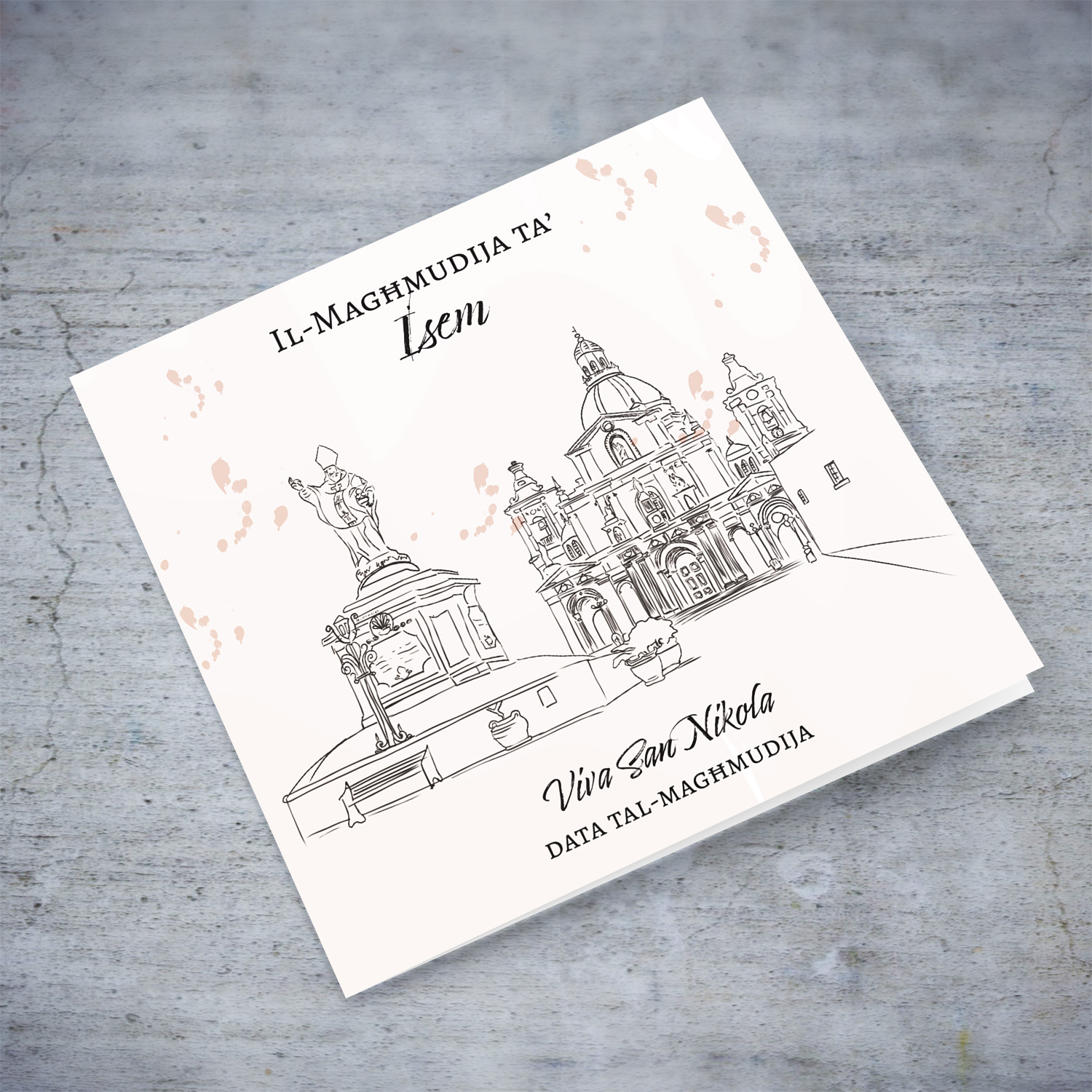 Line art - Siggiewi Parish Church neutral Baptism card in Maltese (Personalisable)