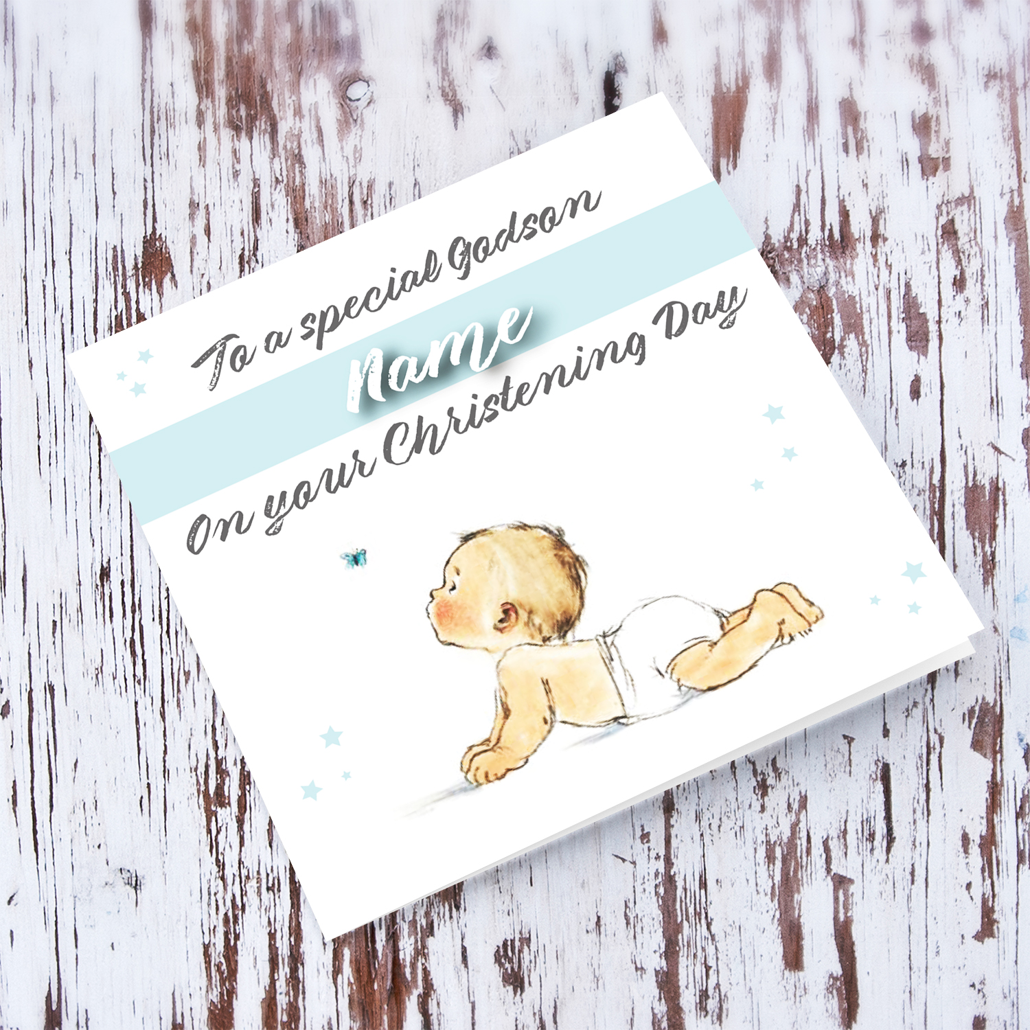 Godson - crawling baby chasing butterfly baptism card for Godson in English (Personalisable)