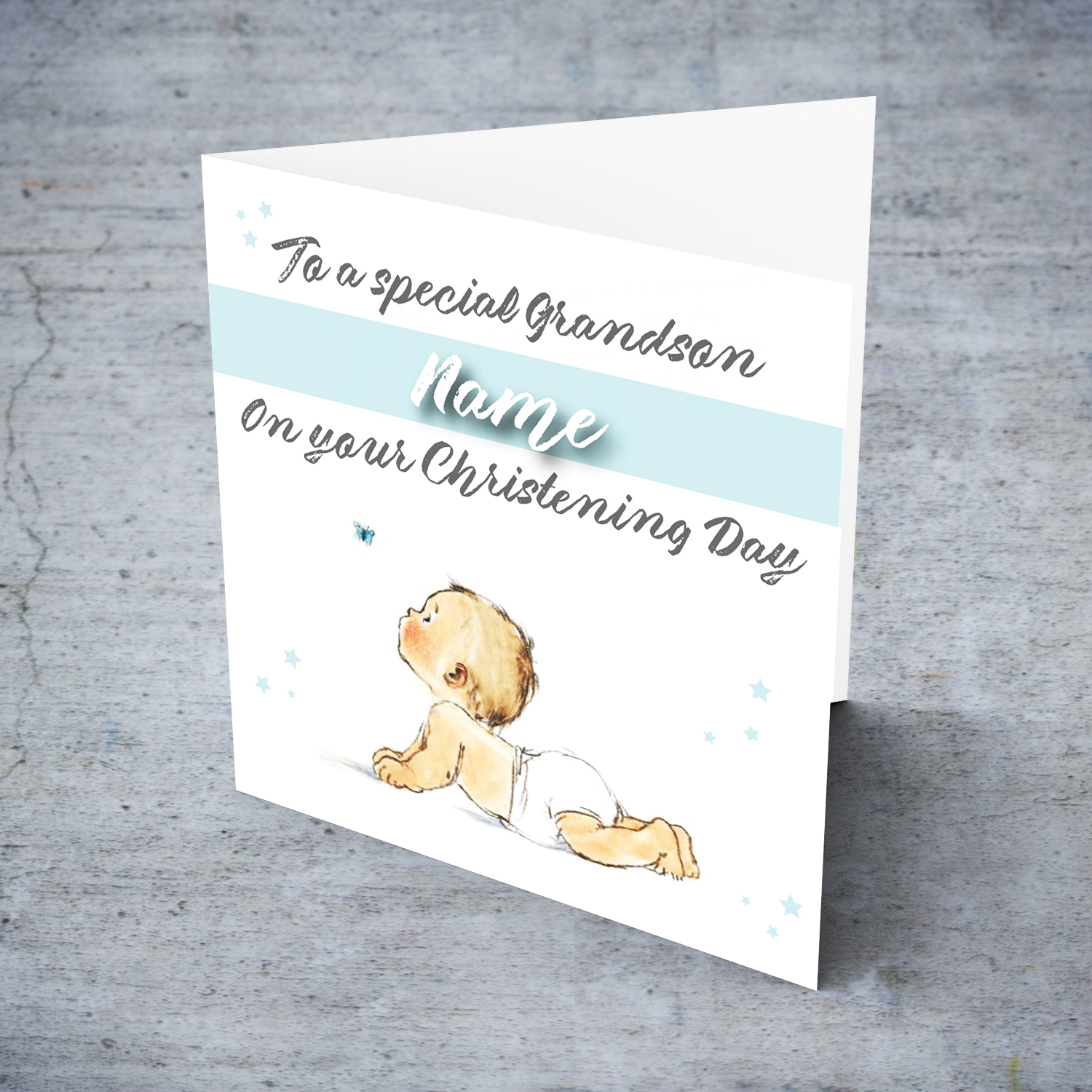 Grandson - crawling baby chasing butterfly baptism card for Grandson in English (Personalisable)