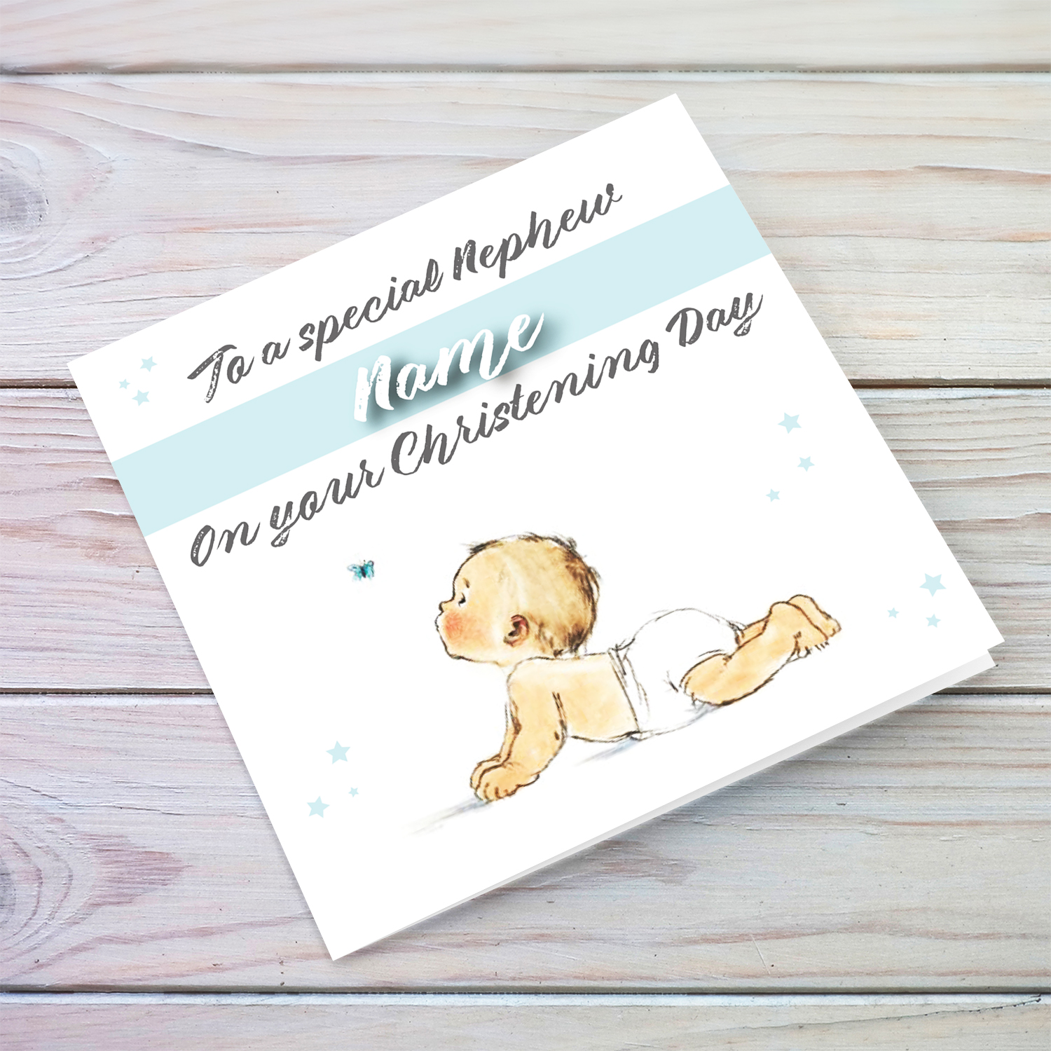 Nephew - crawling baby chasing butterfly baptism card for Nephew in English (Personalisable)