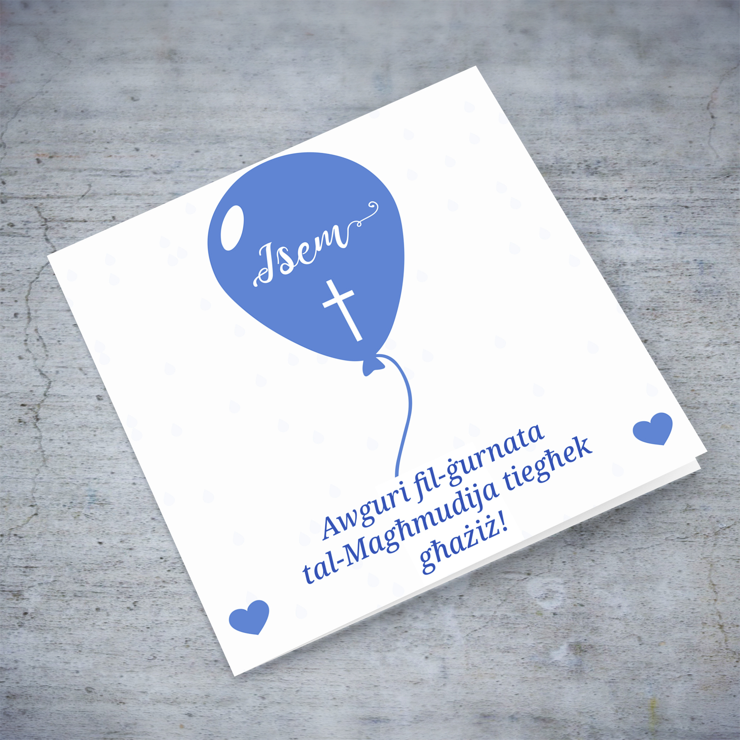 Blue balloon themed baptism card for a dear boy in Maltese (Personalisable)