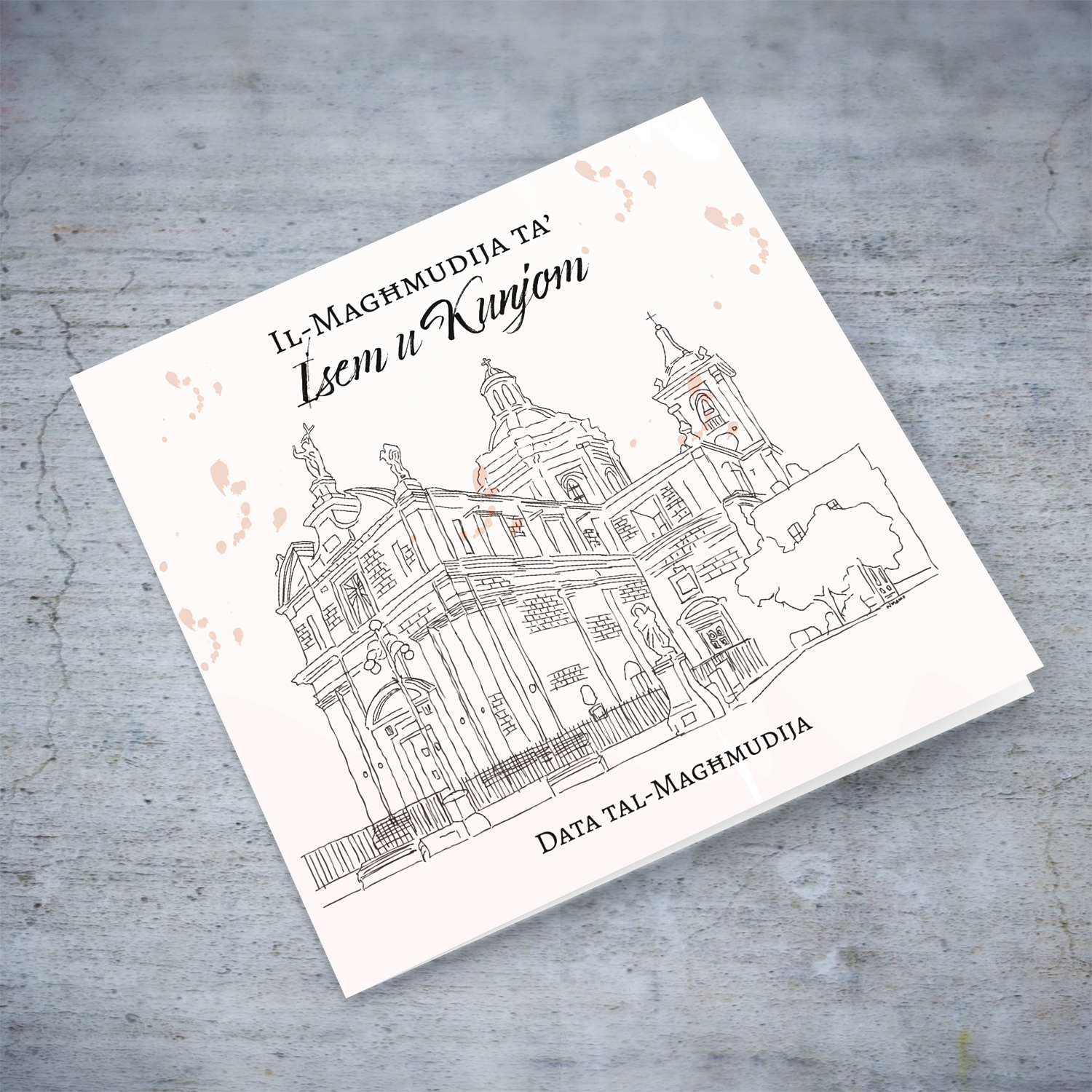 Line art - Mqabba Parish Church neutral baptism card (Personalisable) in Maltese 