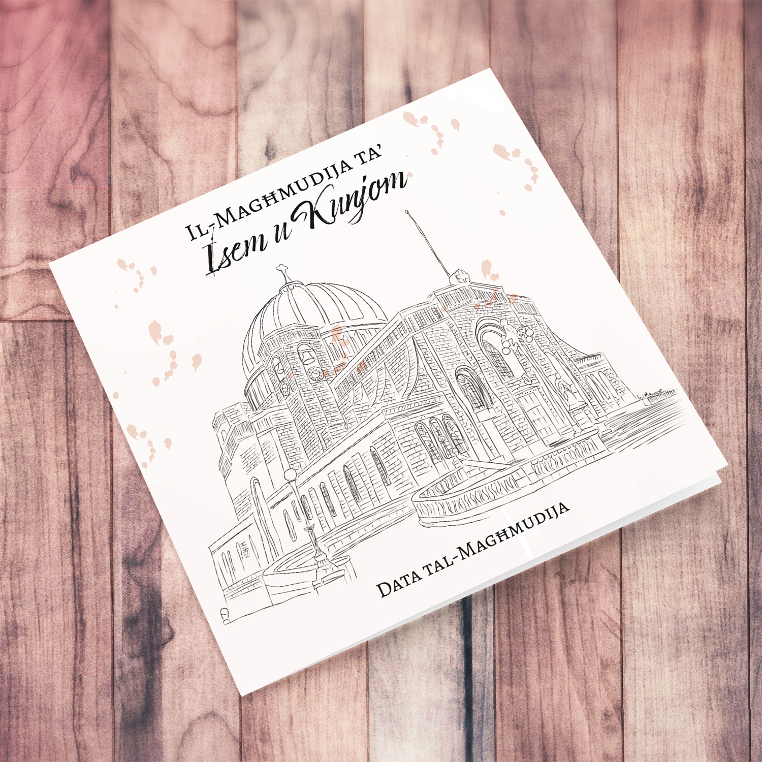 Line art - Ħal-Qormi San Bastjan Parish Church neutral Baptism card in Maltese (Personalisable)