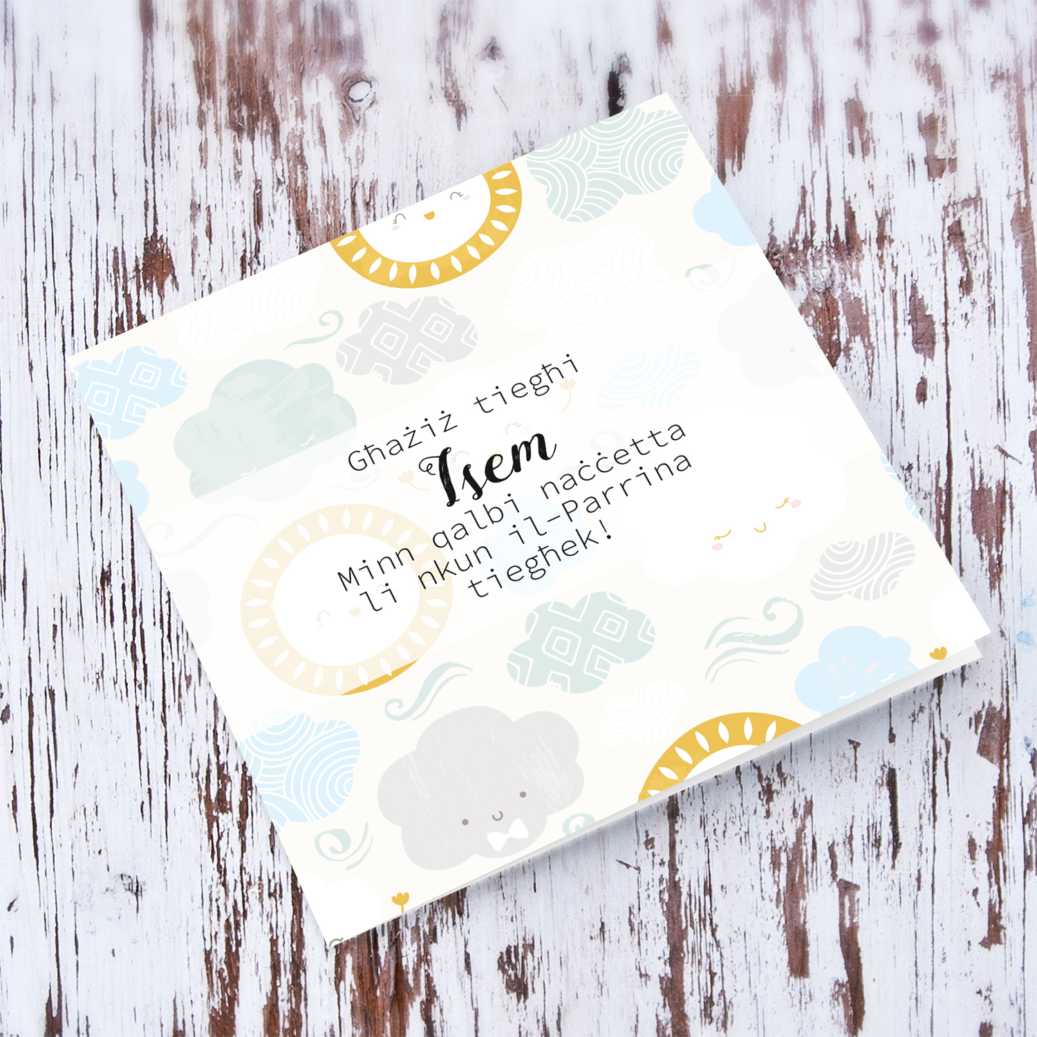 Baptism card from Godmother to godson - I accept to be your Godmother in light blue tones in Maltese (Personalisable)