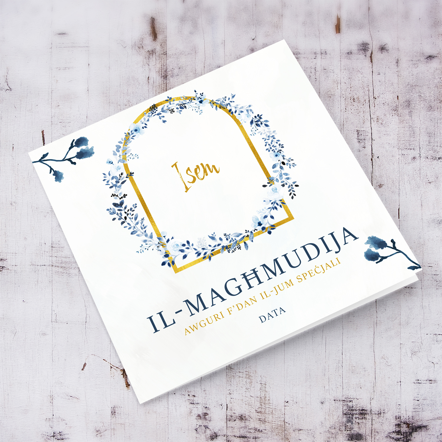 Dainty and elegant baptism card in blue flower wreath in Maltese