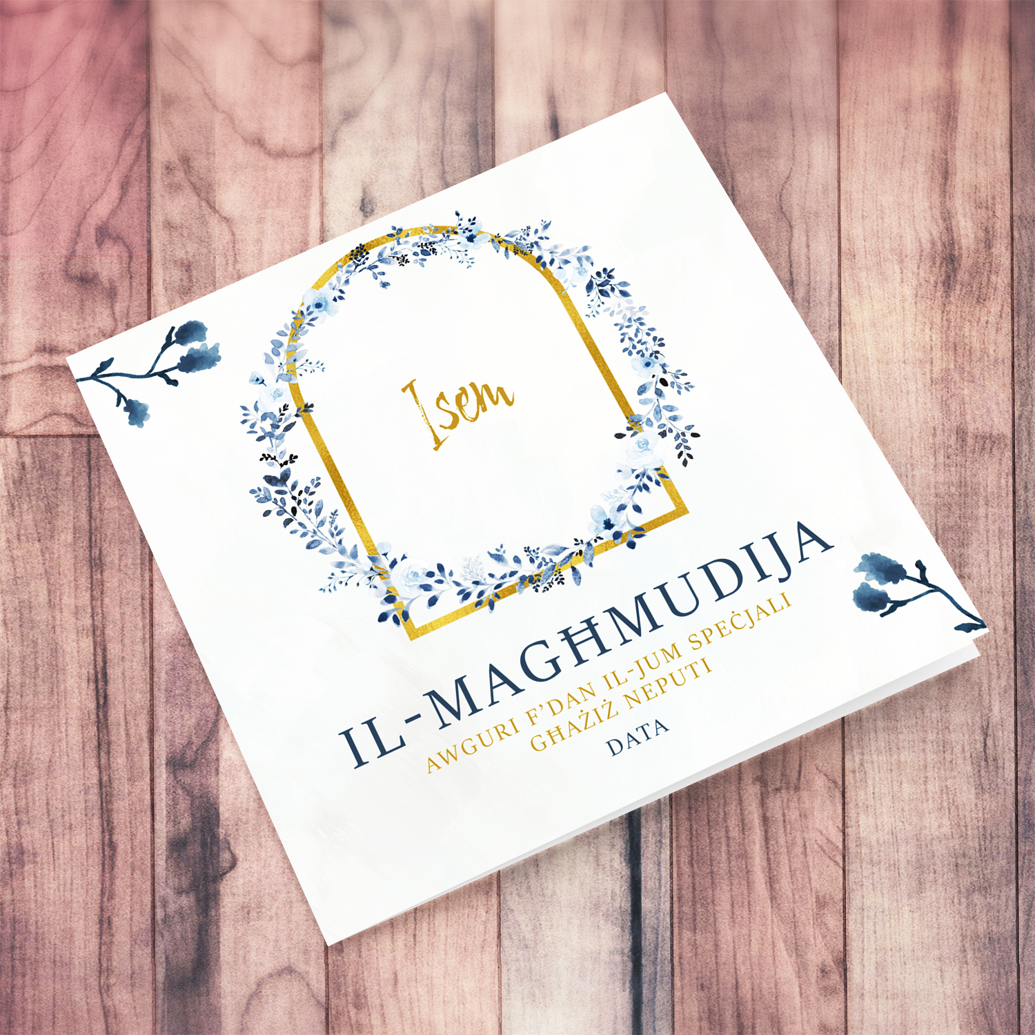 Dainty and elegant baptism card in blue flower wreath for nephew in Maltese