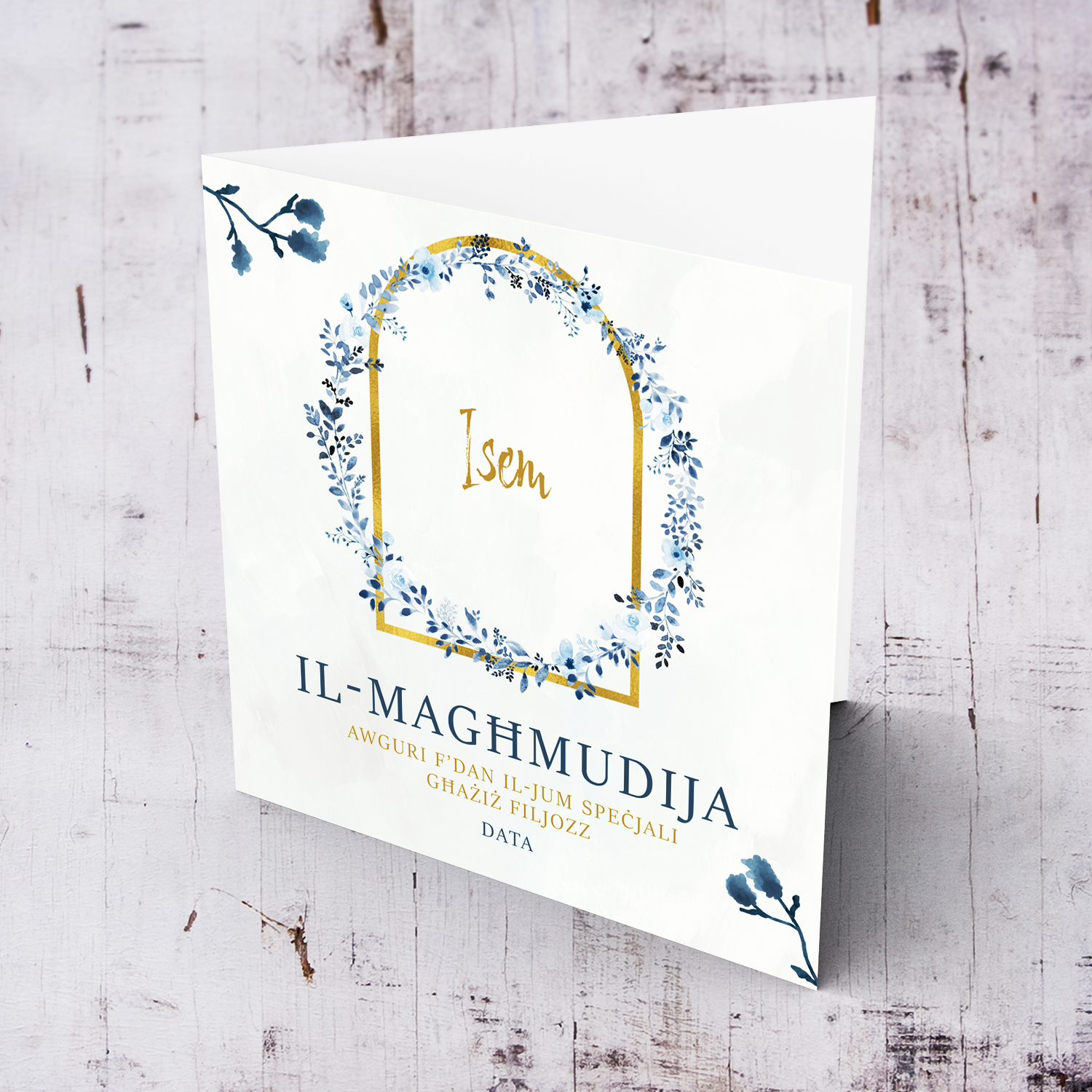 Dainty and elegant baptism card in blue flower wreath for godson in Maltese