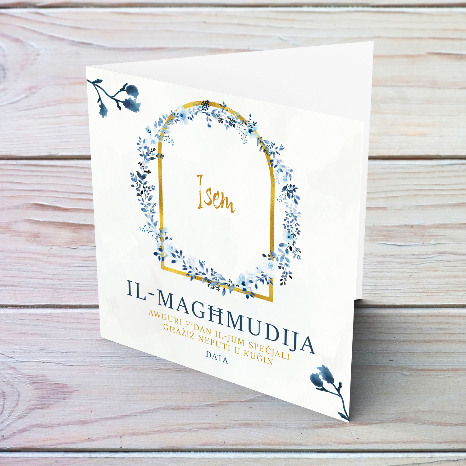 Dainty and elegant photo baptism card in blue flower wreath for nephew and cousin in Maltese (2 in 1)